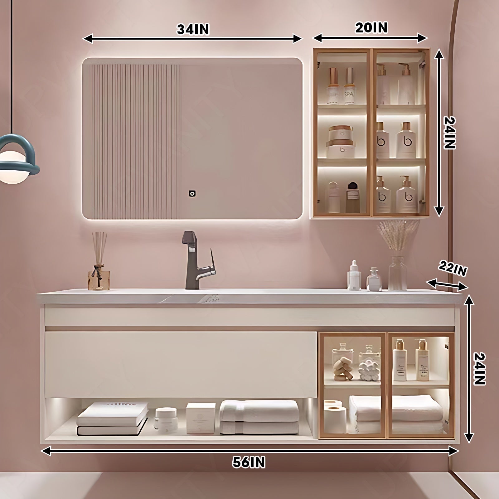 Modern Bath Vanity Set, Beige, Gray Marble Textured Top, 36"- 60", Single, Floating, Glass Door, Smart LED Mirror, Side Cabinet