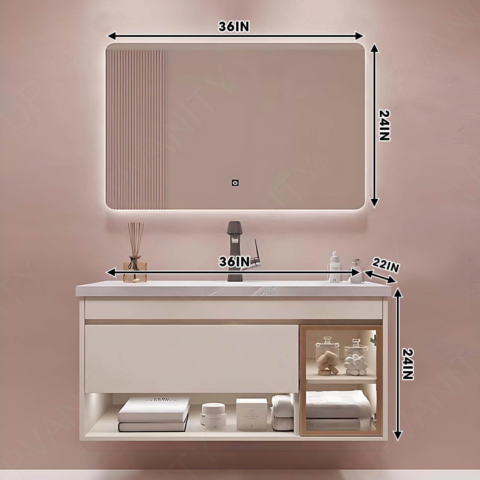 Modern Bath Vanity Set, Beige, Gray Marble Textured Top, 36"- 60", Single, Floating, Glass Door, Smart LED Mirror, Side Cabinet