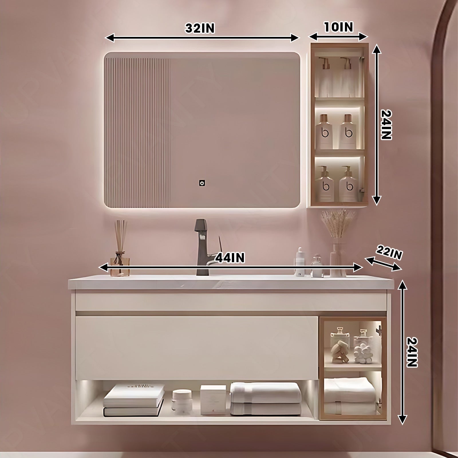 Modern Bath Vanity Set, Beige, Gray Marble Textured Top, 36"- 60", Single, Floating, Glass Door, Smart LED Mirror, Side Cabinet