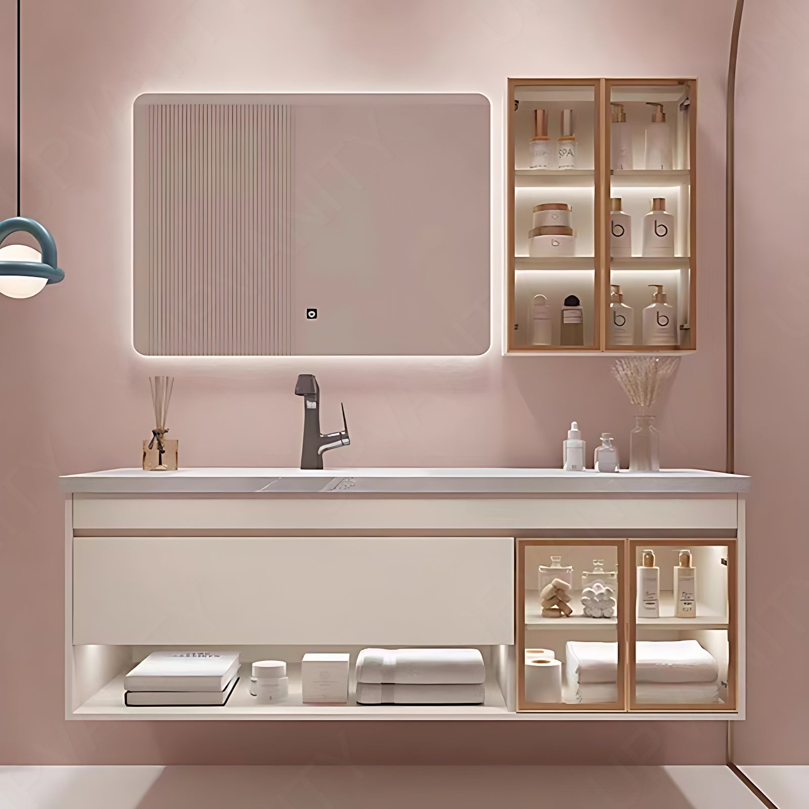 Modern Bath Vanity Set, Beige, Gray Marble Textured Top, 36"- 60", Single, Floating, Glass Door, Smart LED Mirror, Side Cabinet