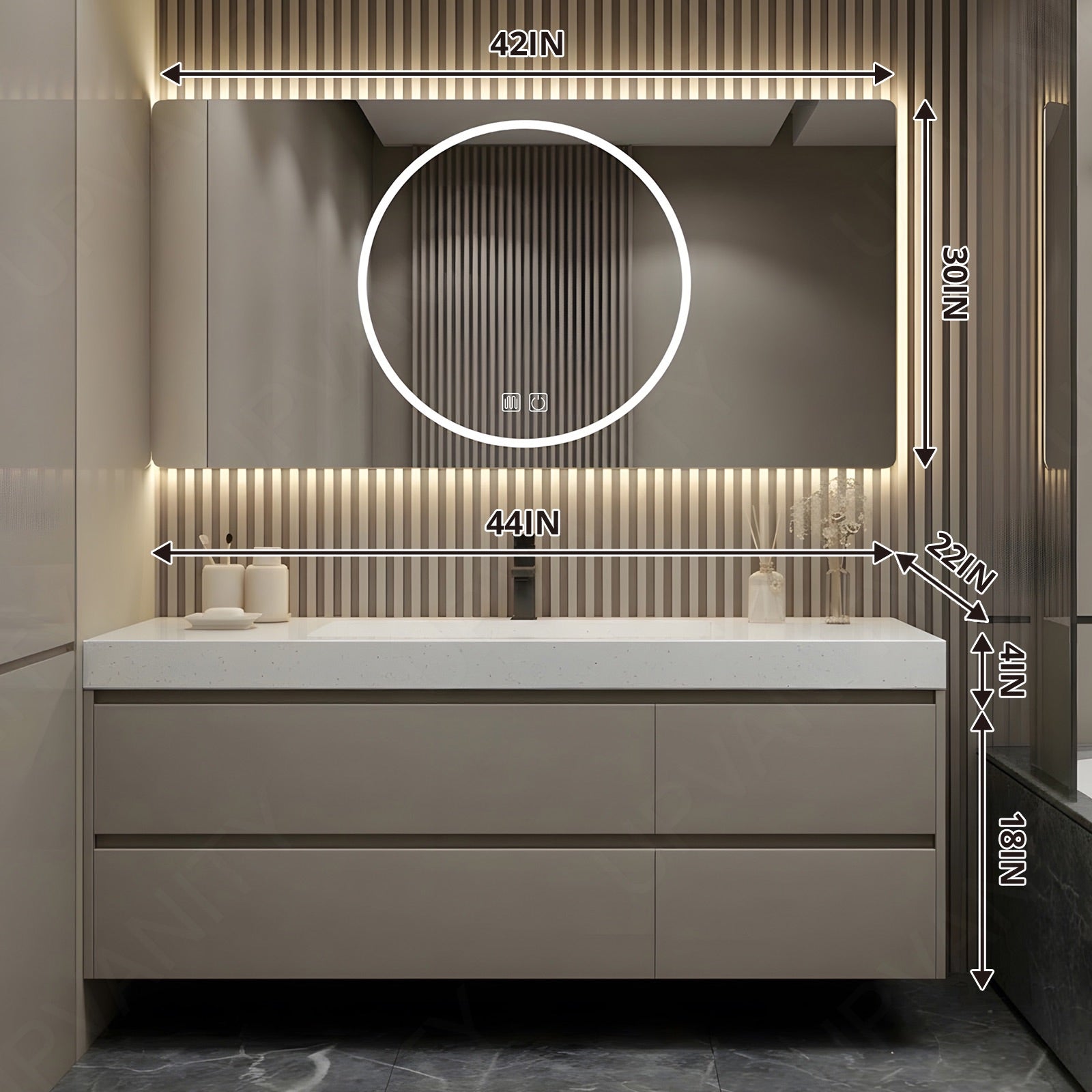 Modern Bath Vanity Set, Beige, Hidden Storage, 40"- 64", Single, Floating, Minimalist, Smart LED Mirror