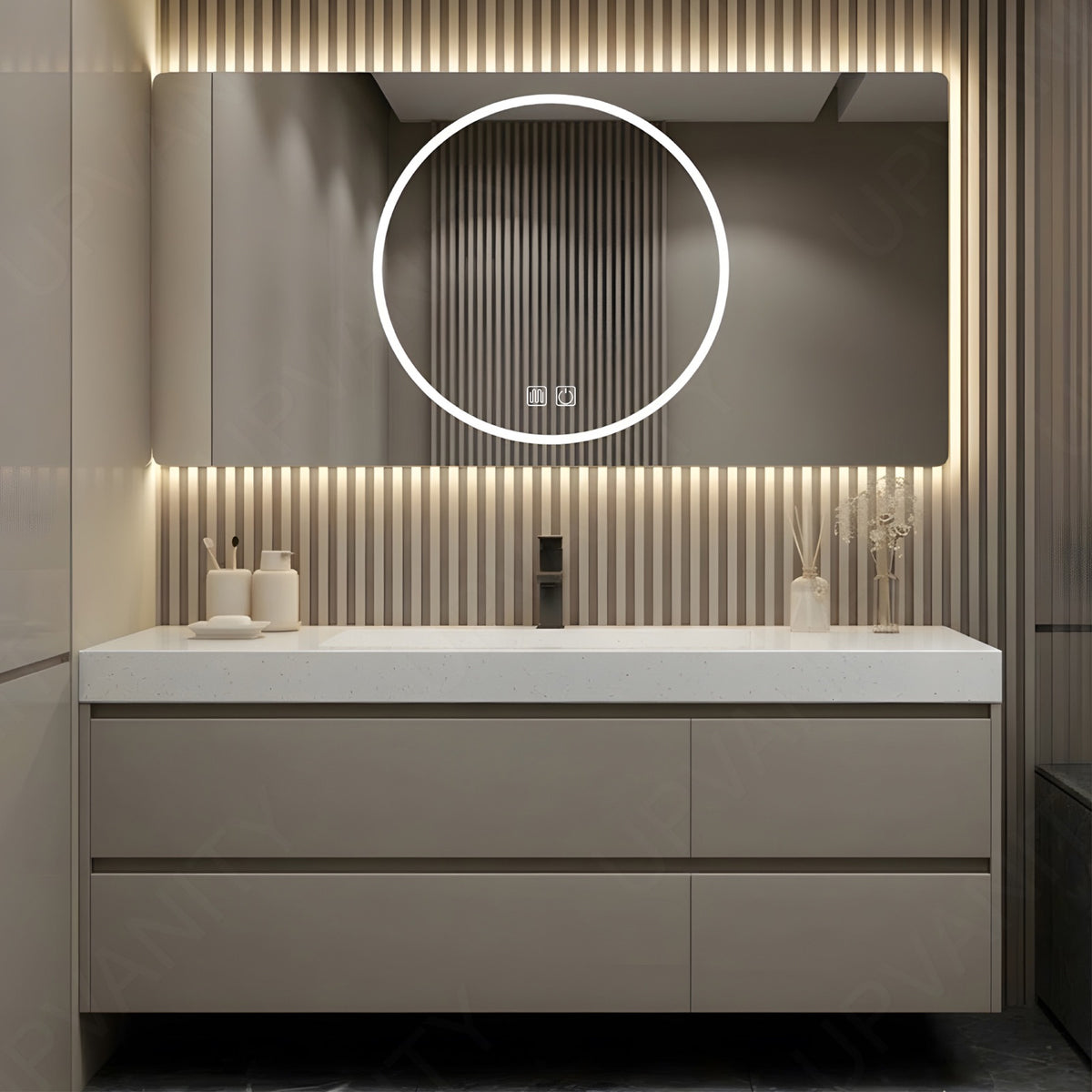 Modern Bath Vanity Set, Beige, Hidden Storage, 40"- 64", Single, Floating, Minimalist, Smart LED Mirror