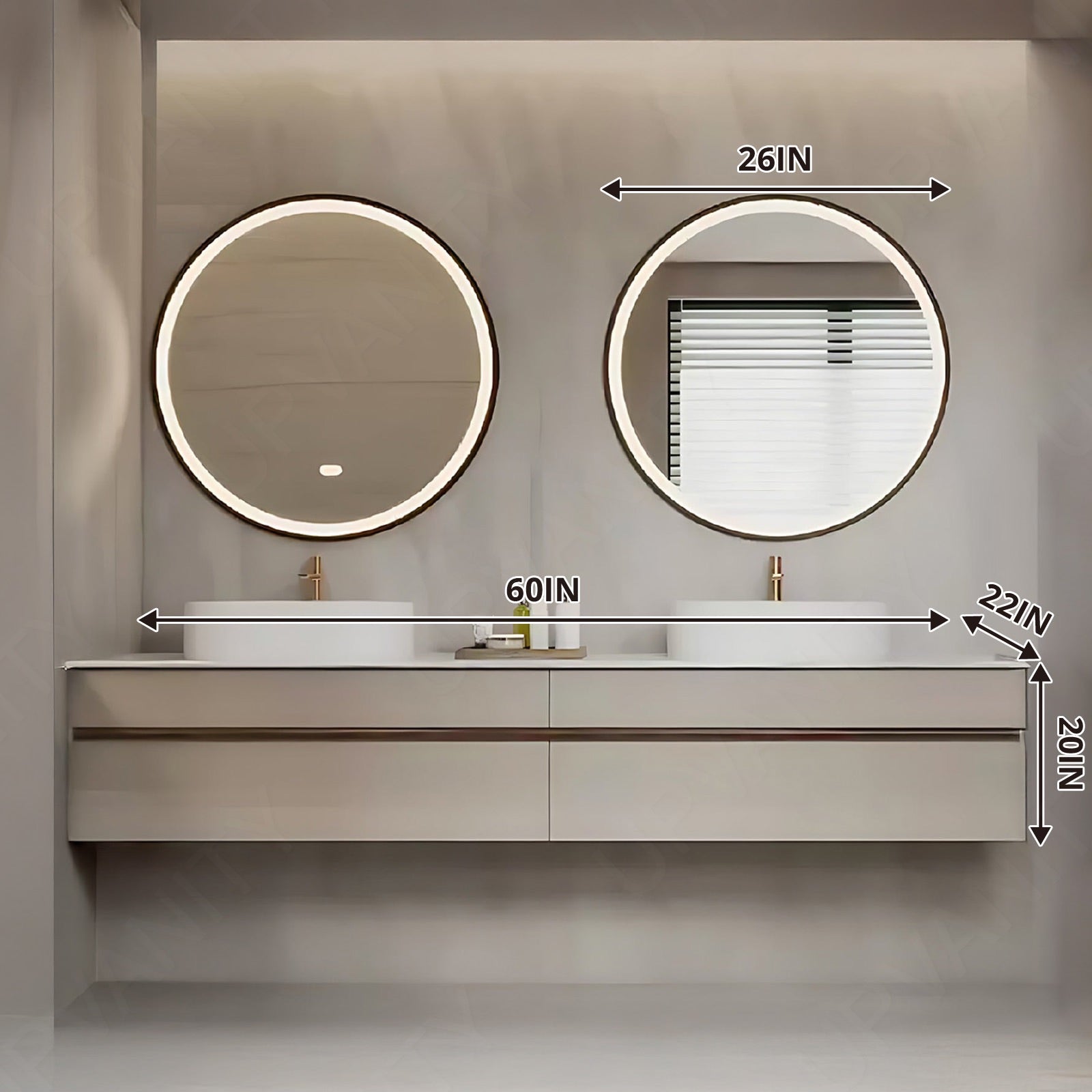 Modern Bath Vanity Set, Beige, Hidden Storage, 52"-78", Double, Floating, Vessel Sink, Round Smart LED Mirror