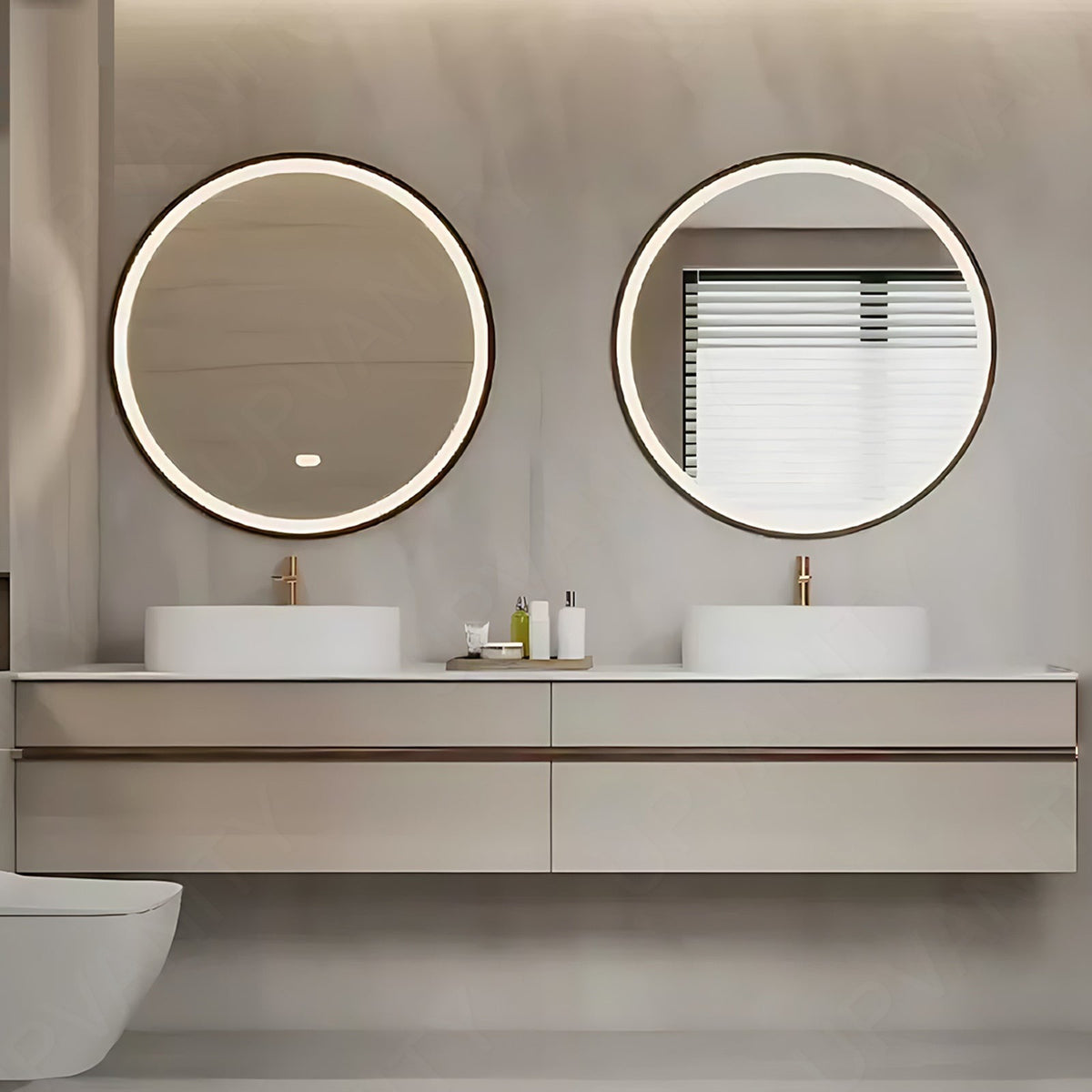 Modern Bath Vanity Set, Beige, Hidden Storage, 52"-78", Double, Floating, Vessel Sink, Round Smart LED Mirror
