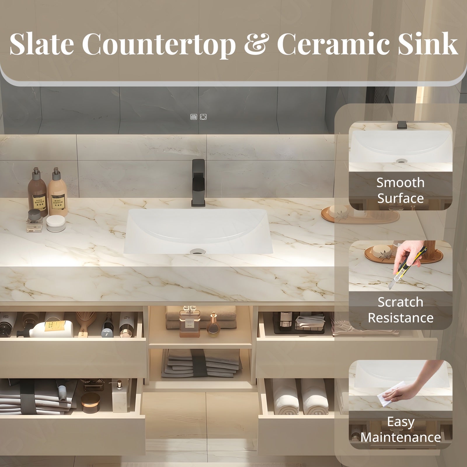 Modern Bath Vanity Set, Beige, Joint Marble Textured Top, 48"-64", Single, Floating, Open Storage, Smart LED Mirror