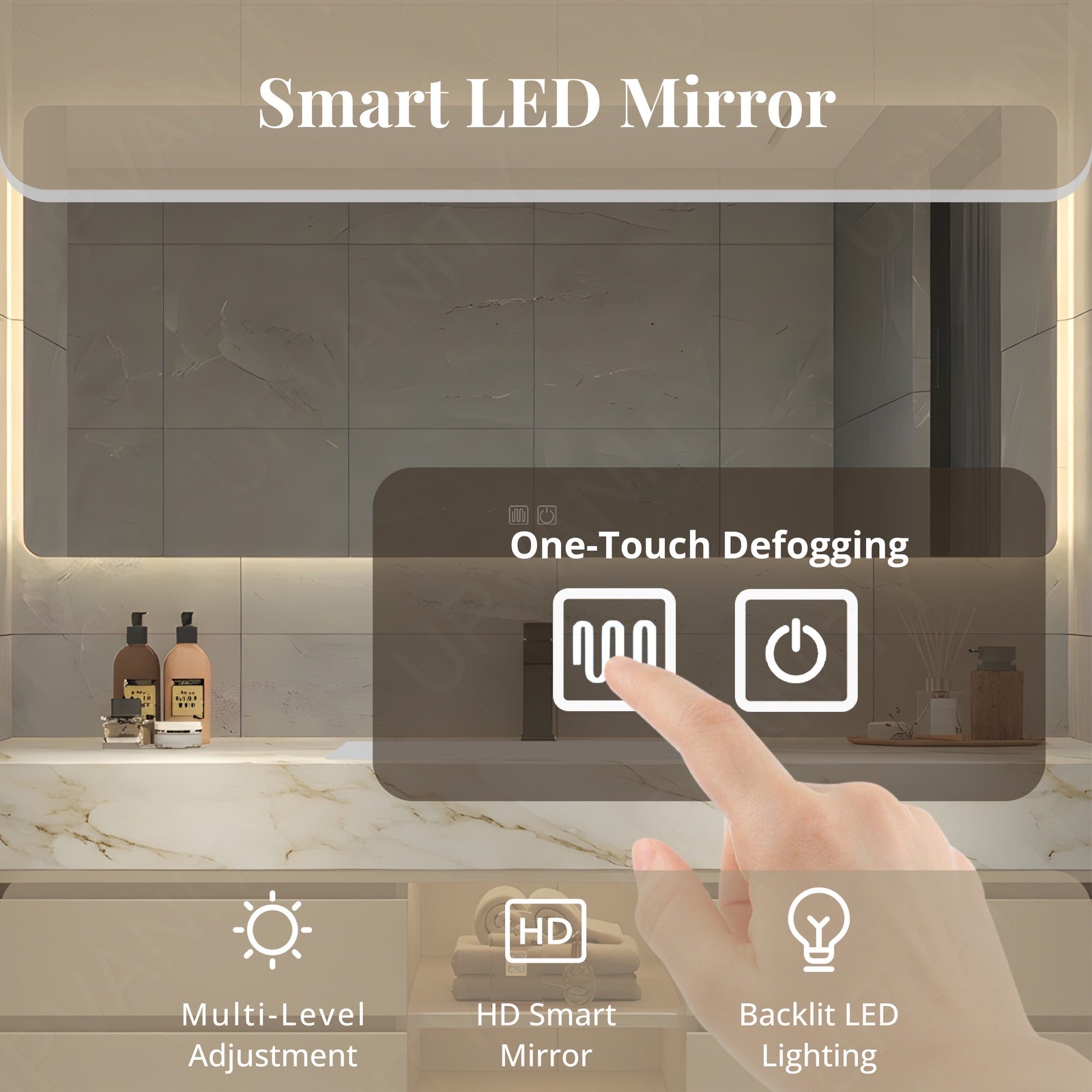 Modern Bath Vanity Set, Beige, Joint Marble Textured Top, 48"-64", Single, Floating, Open Storage, Smart LED Mirror