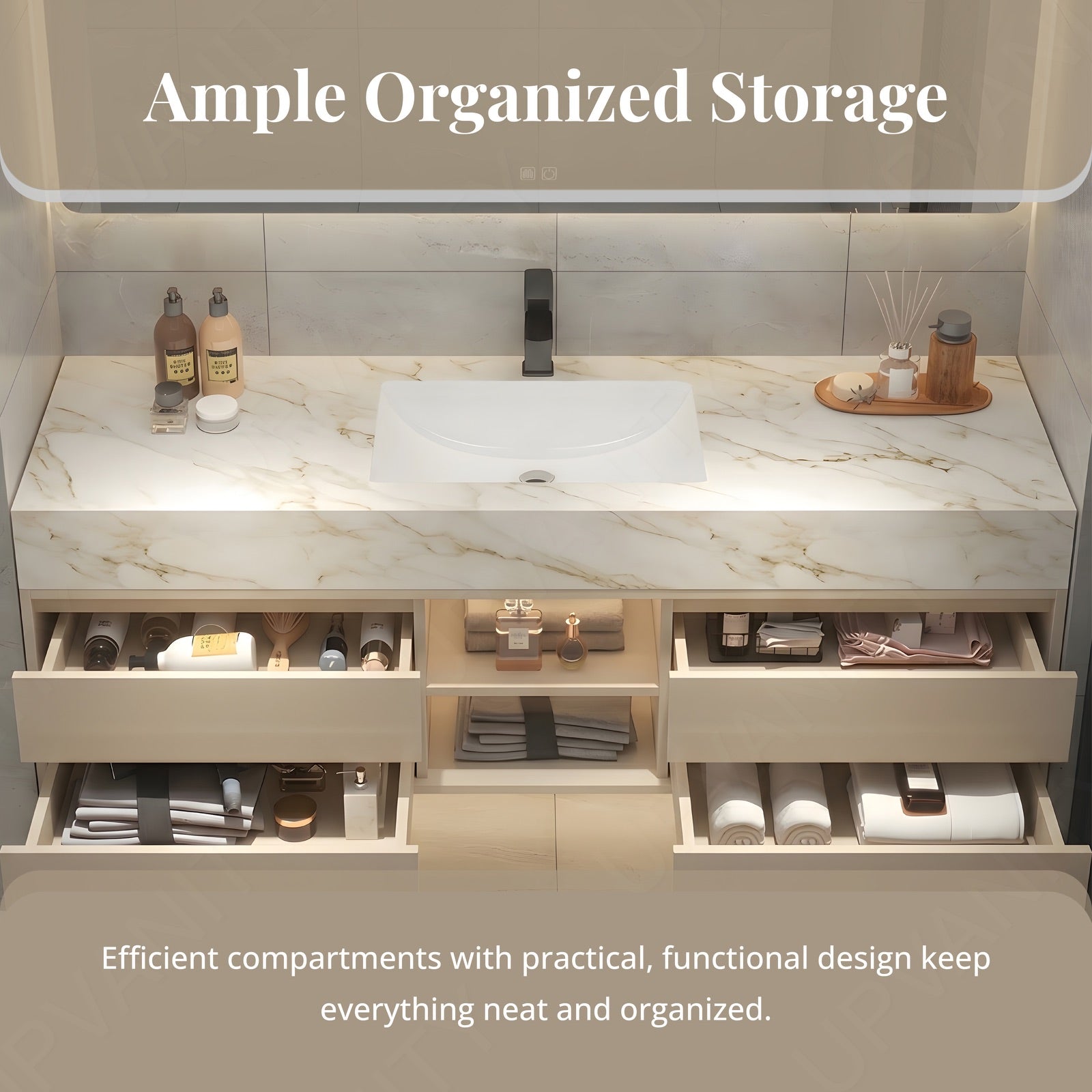 Modern Bath Vanity Set, Beige, Joint Marble Textured Top, 48"-64", Single, Floating, Open Storage, Smart LED Mirror