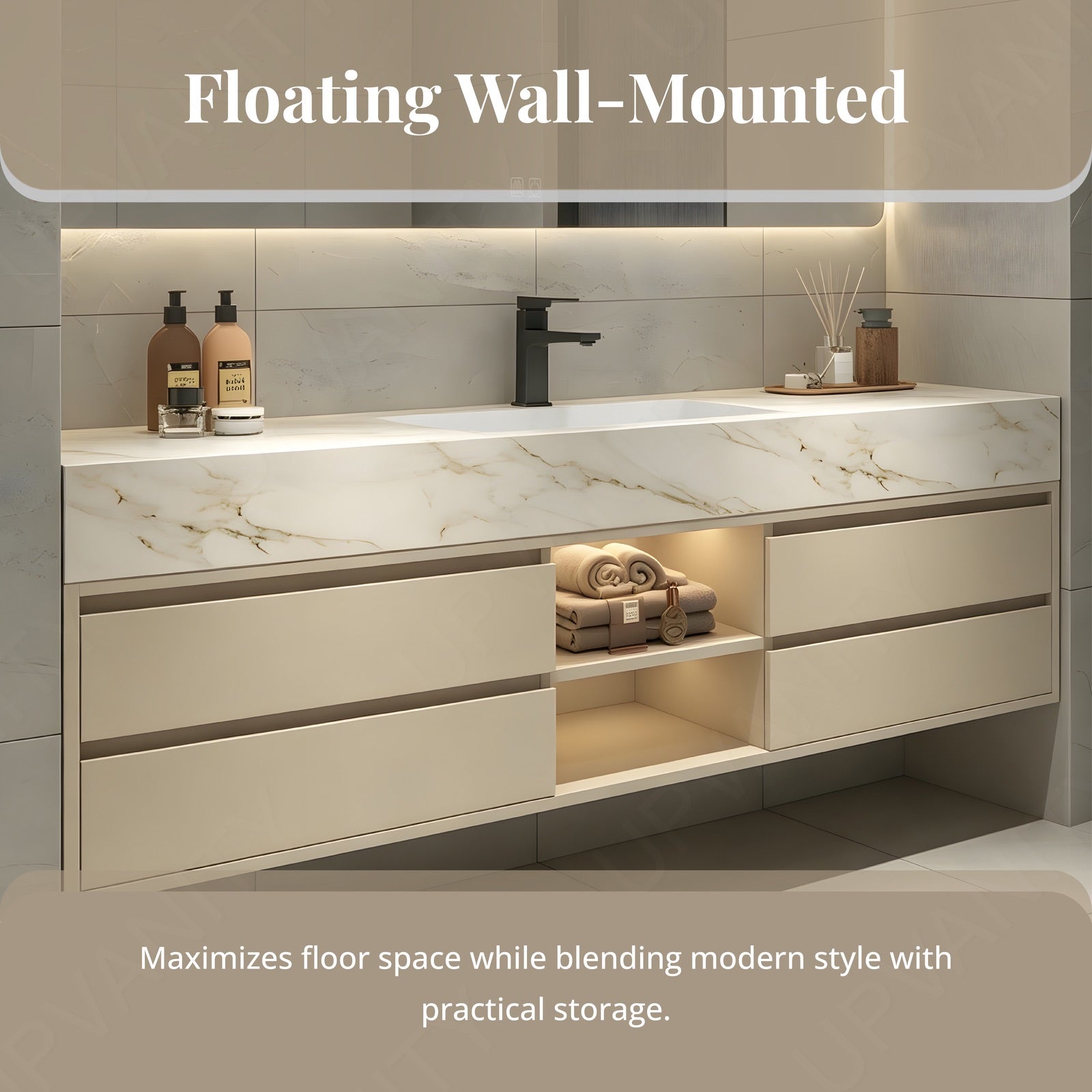 Modern Bath Vanity Set, Beige, Joint Marble Textured Top, 48"-64", Single, Floating, Open Storage, Smart LED Mirror