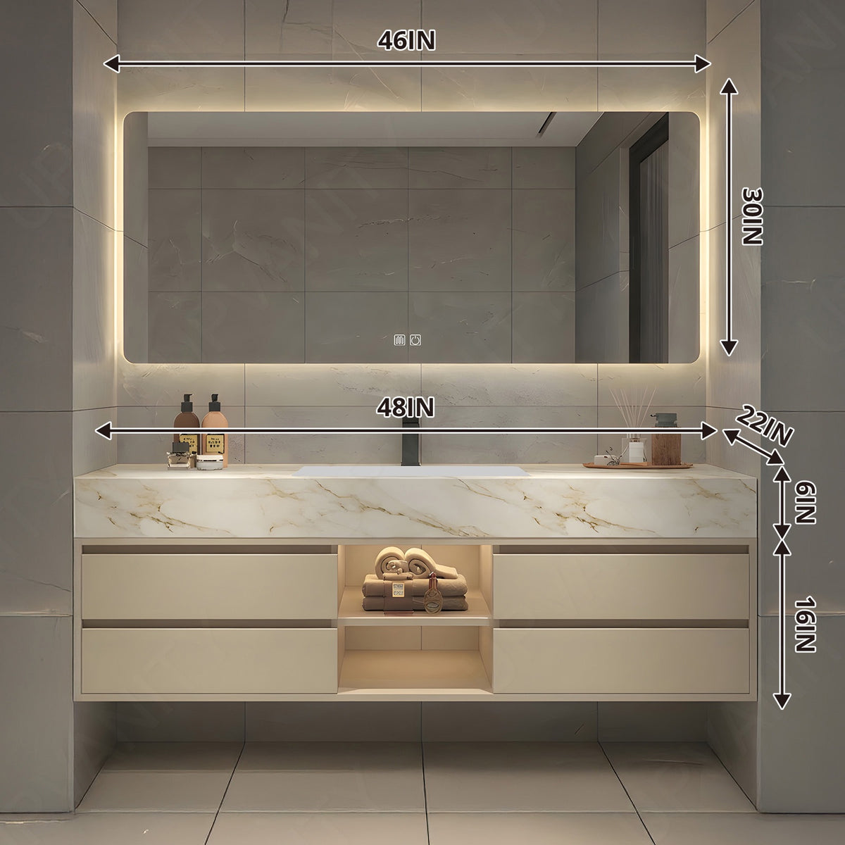 Modern Bath Vanity Set, Beige, Joint Marble Textured Top, 48"-64", Single, Floating, Open Storage, Smart LED Mirror