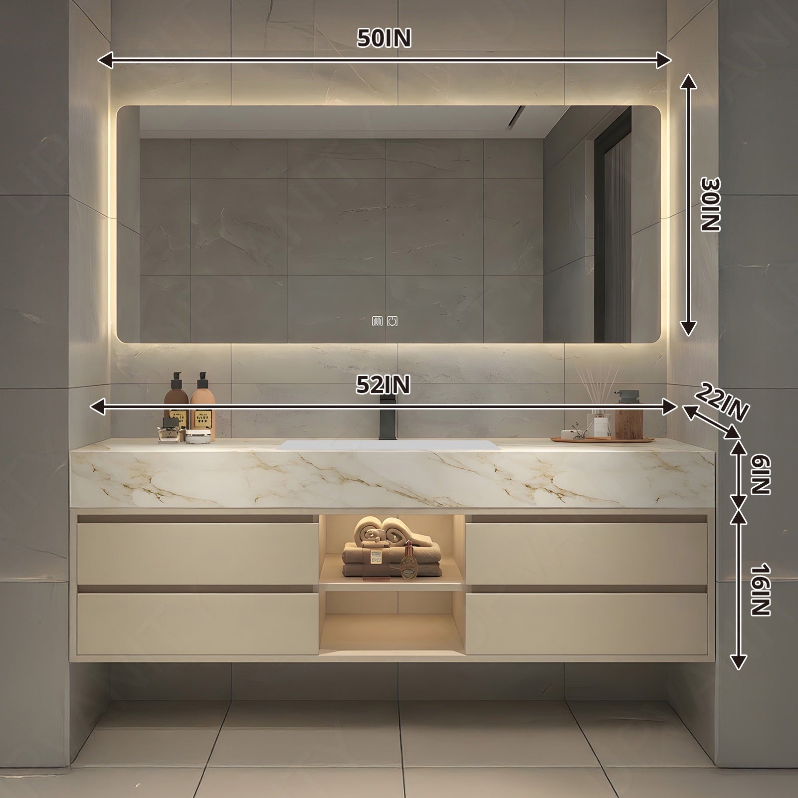 Modern Bath Vanity Set, Beige, Joint Marble Textured Top, 48"-64", Single, Floating, Open Storage, Smart LED Mirror