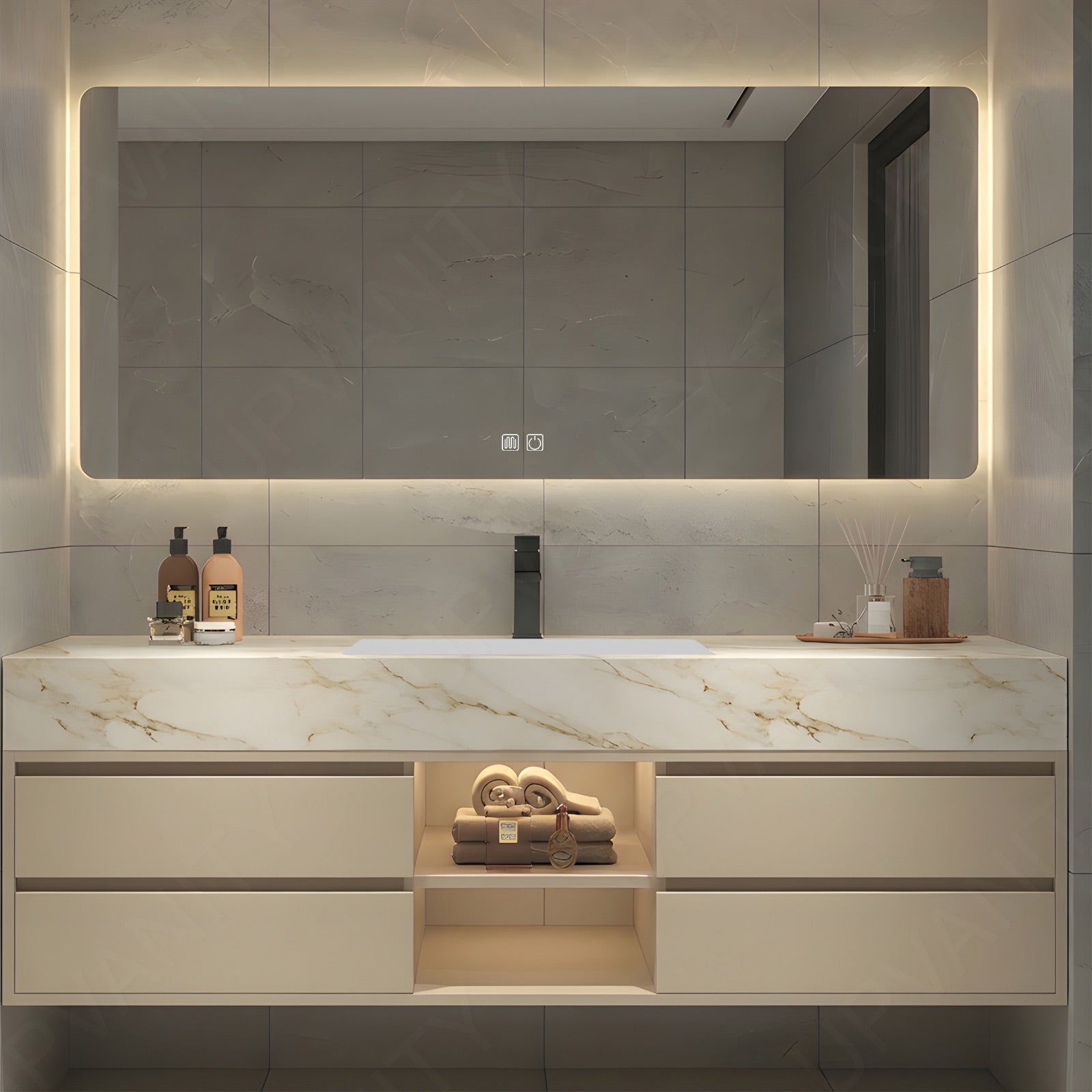 Modern Bath Vanity Set, Beige, Joint Marble Textured Top, 48"-64", Single, Floating, Open Storage, Smart LED Mirror