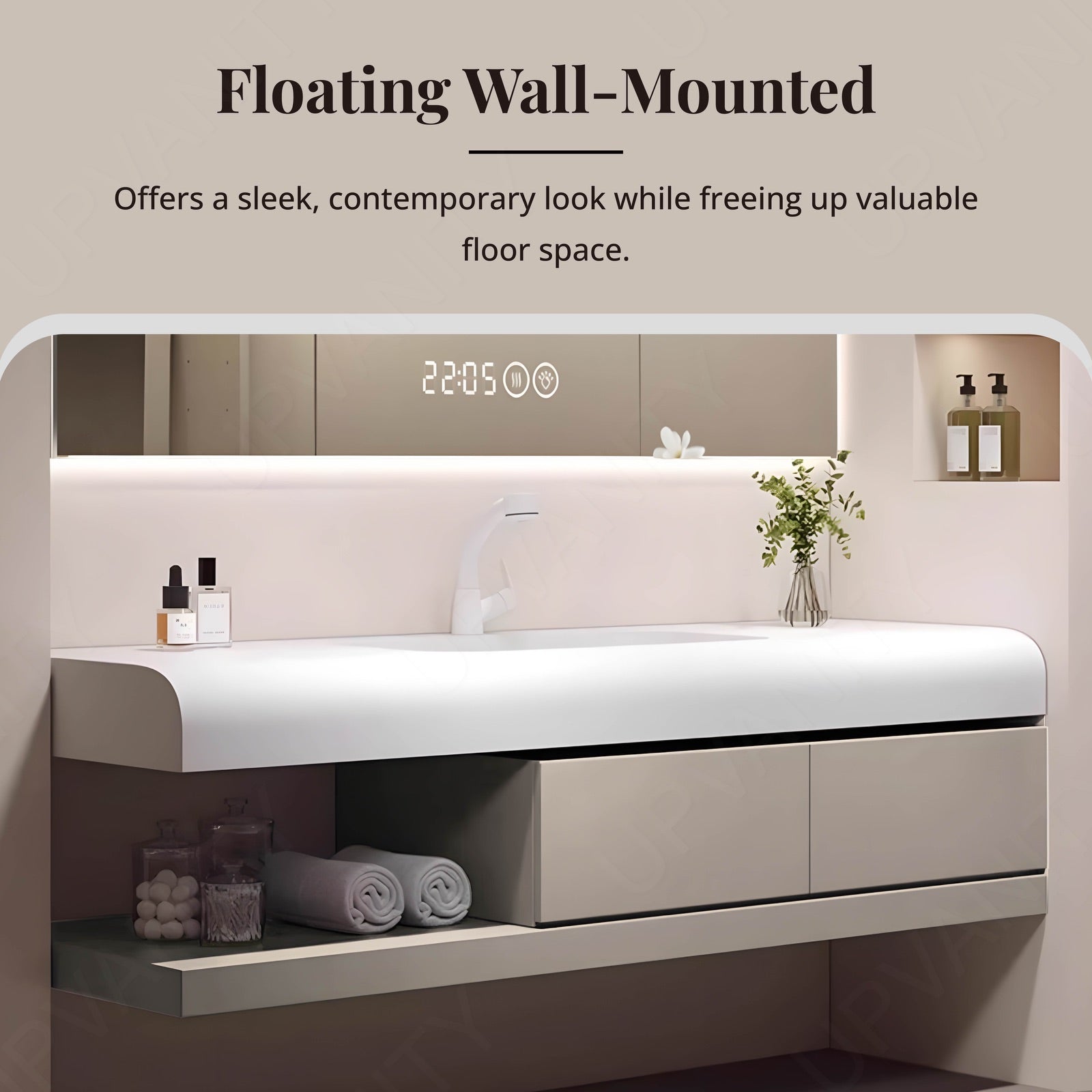 Modern Bath Vanity Set, Beige, Joint White Top, 40"-48", Single, Floating, Smart LED Mirror, Rear Cabinet