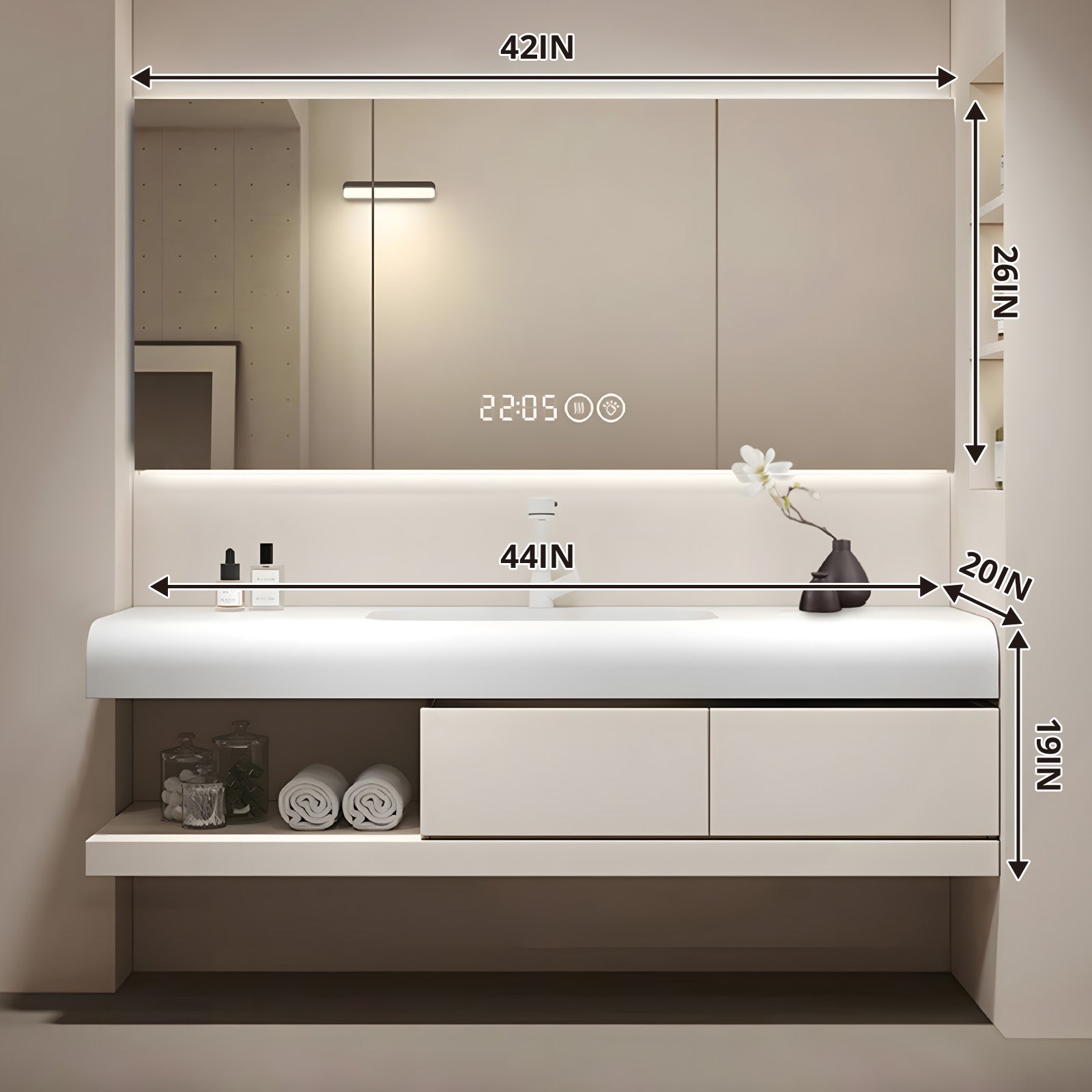 Modern Bath Vanity Set, Beige, Joint White Top, 40"-48", Single, Floating, Smart LED Mirror, Rear Cabinet