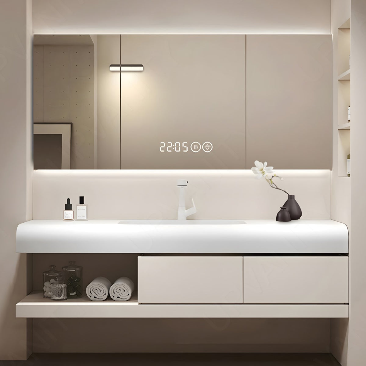 Modern Bath Vanity Set, Beige, Joint White Top, 40"-48", Single, Floating, Smart LED Mirror, Rear Cabinet