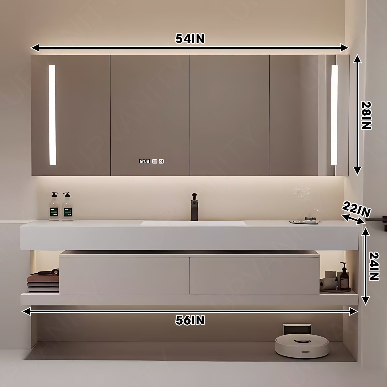 Modern Bath Vanity Set, Beige, Joint White Top, 40"- 78", Single, Floating, Smart LED Mirror, Rear Cabinet