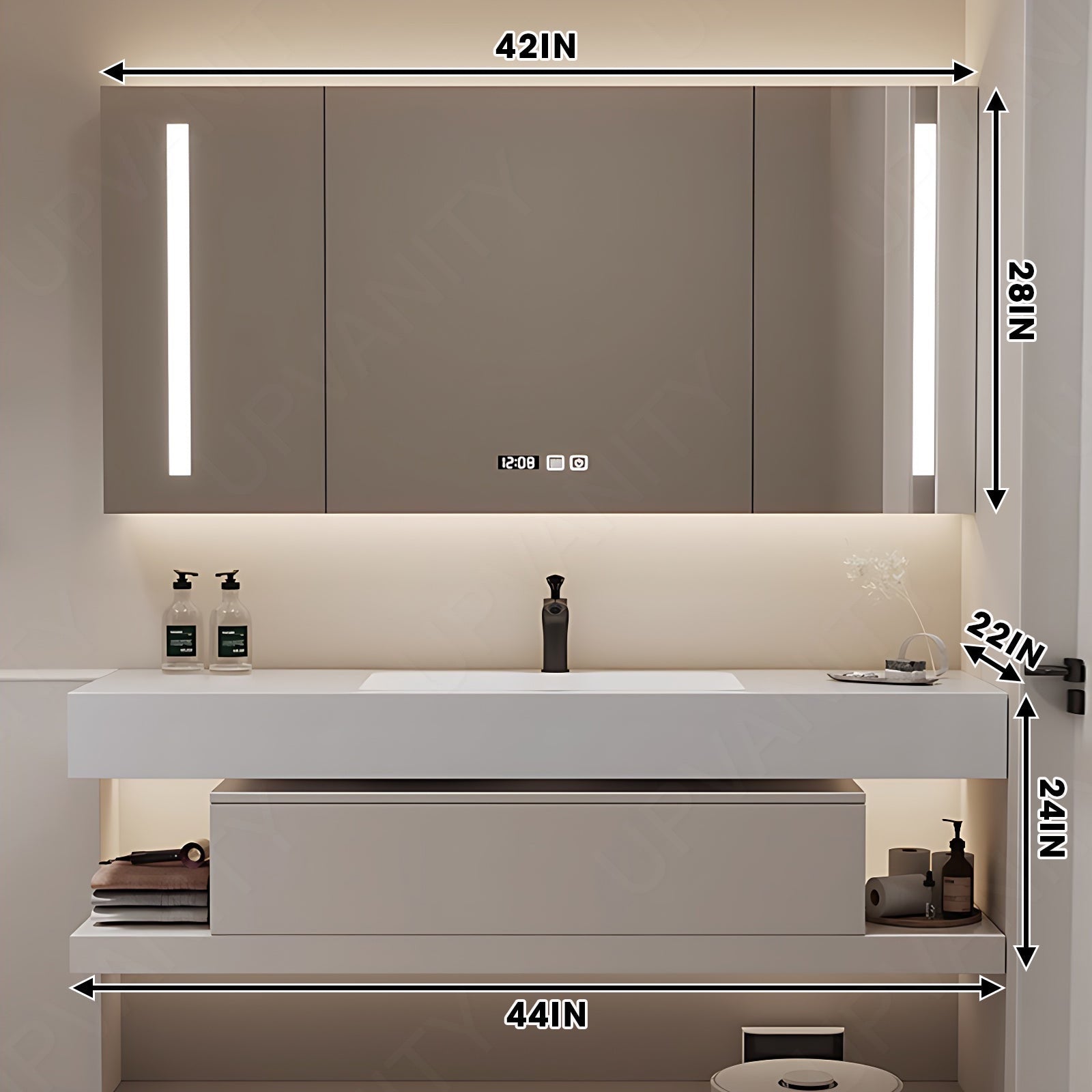 Modern Bath Vanity Set, Beige, Joint White Top, 40"- 78", Single, Floating, Smart LED Mirror, Rear Cabinet