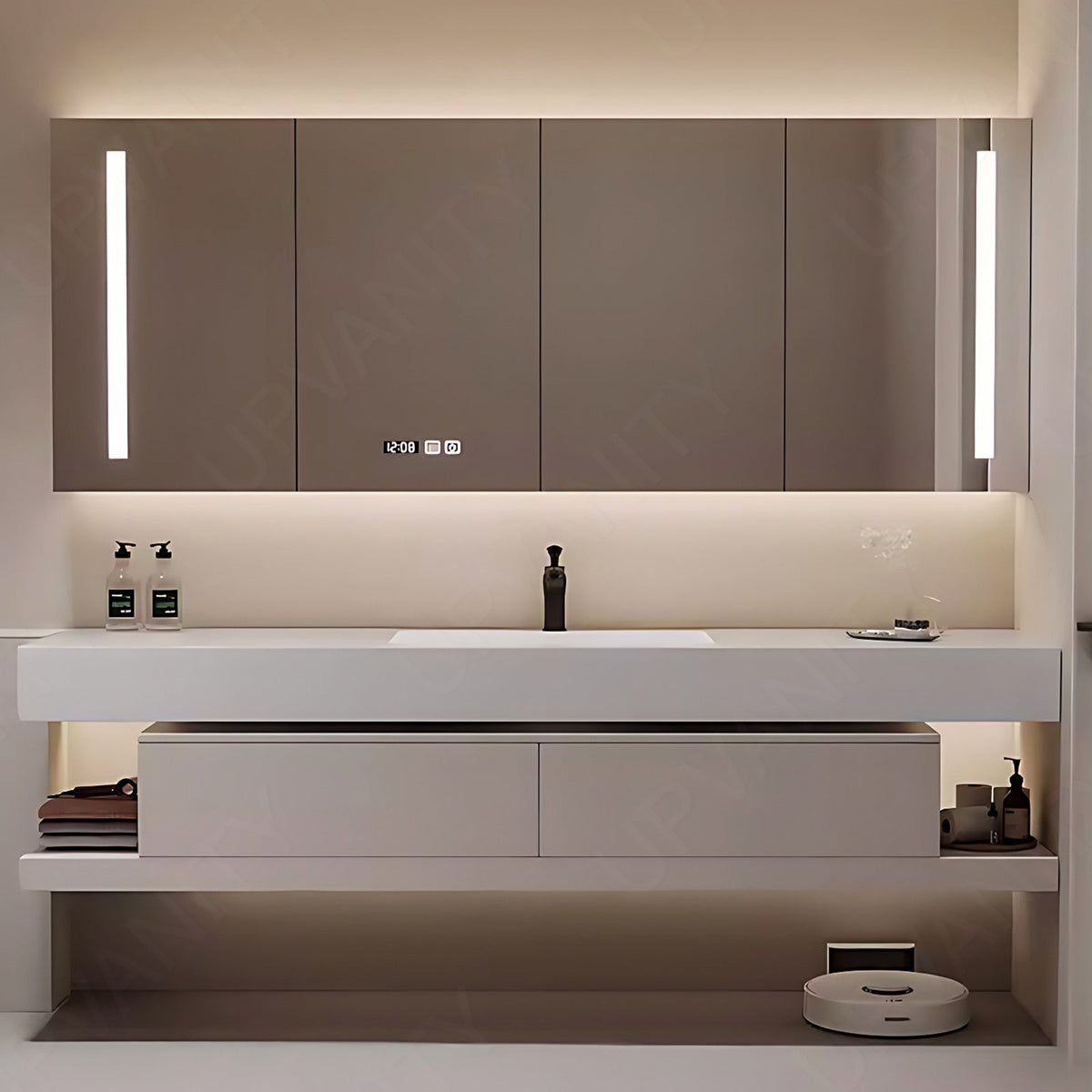 Modern Bath Vanity Set, Beige, Joint White Top, 40"- 78", Single, Floating, Smart LED Mirror, Rear Cabinet
