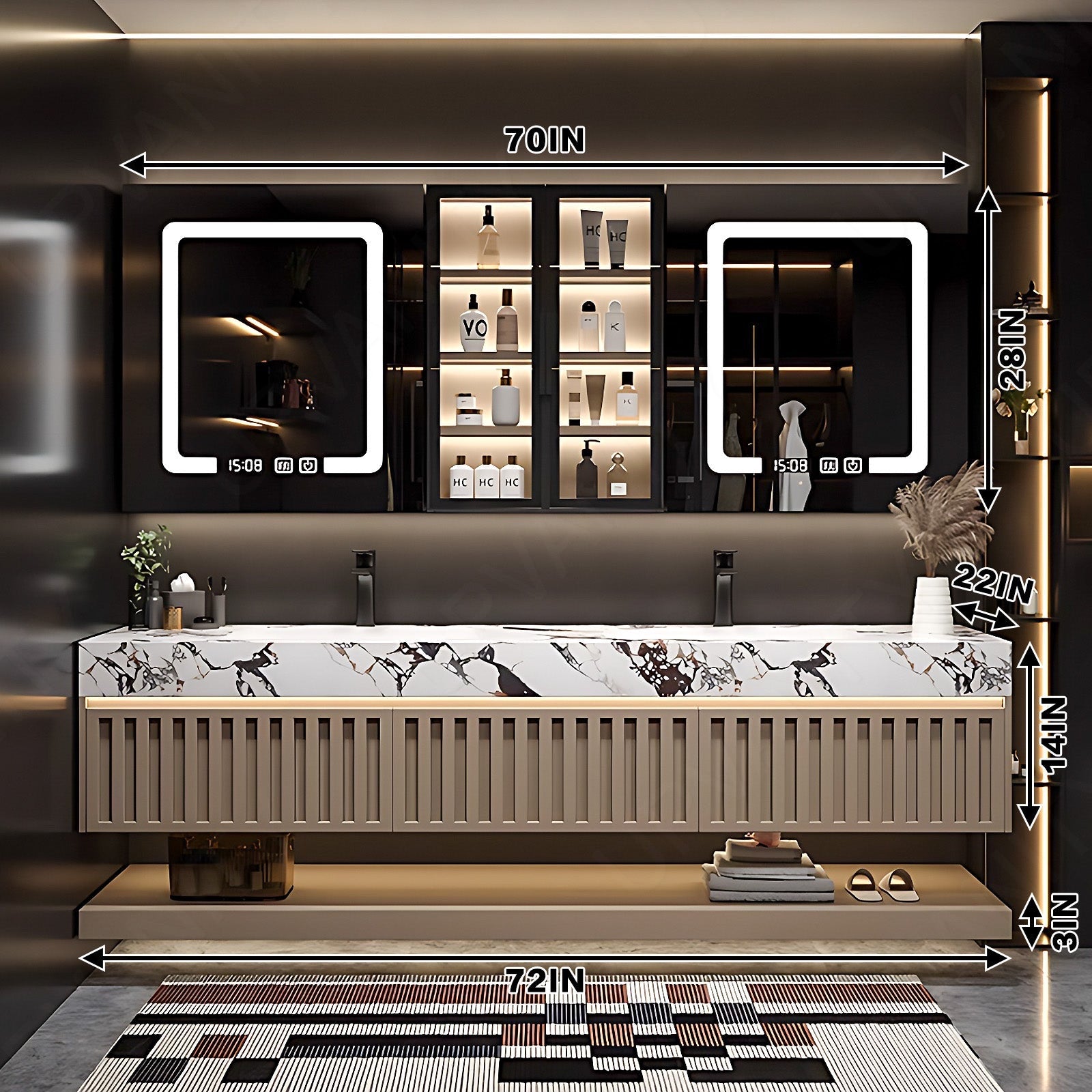 Modern Bath Vanity Set, Beige, Joint White Top, 52''- 72'', Double, Floating, Dual Smart LED Mirror, Rear and Side Cabinets