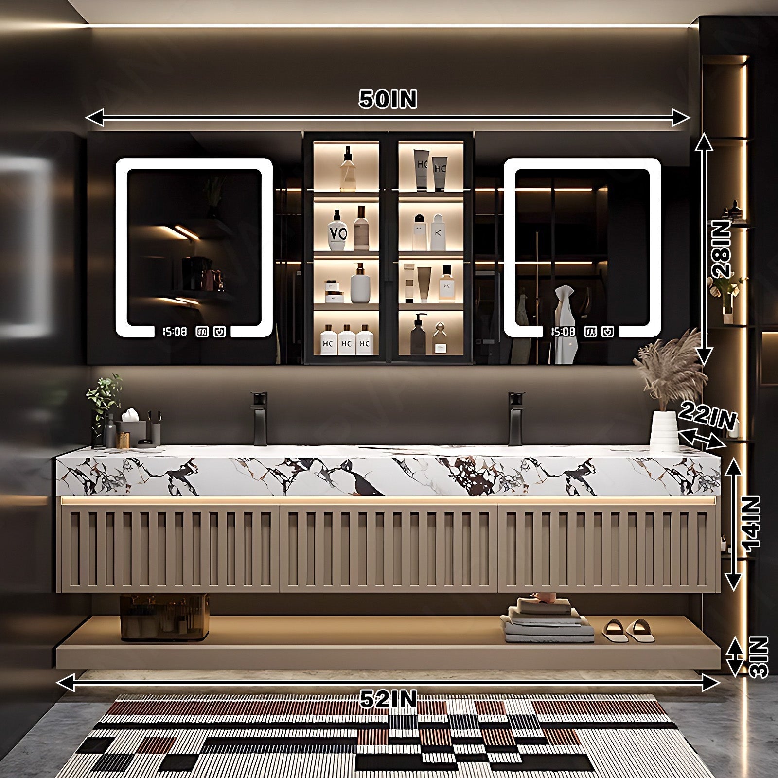 Modern Bath Vanity Set, Beige, Joint White Top, 52''- 72'', Double, Floating, Dual Smart LED Mirror, Rear and Side Cabinets