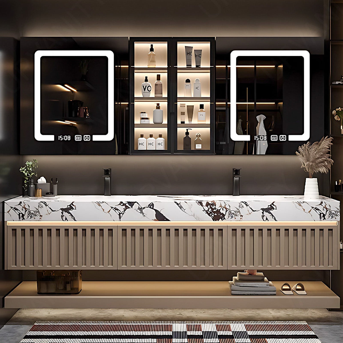 Modern Bath Vanity Set, Beige, Joint White Top, 52''- 72'', Double, Floating, Dual Smart LED Mirror, Rear and Side Cabinets