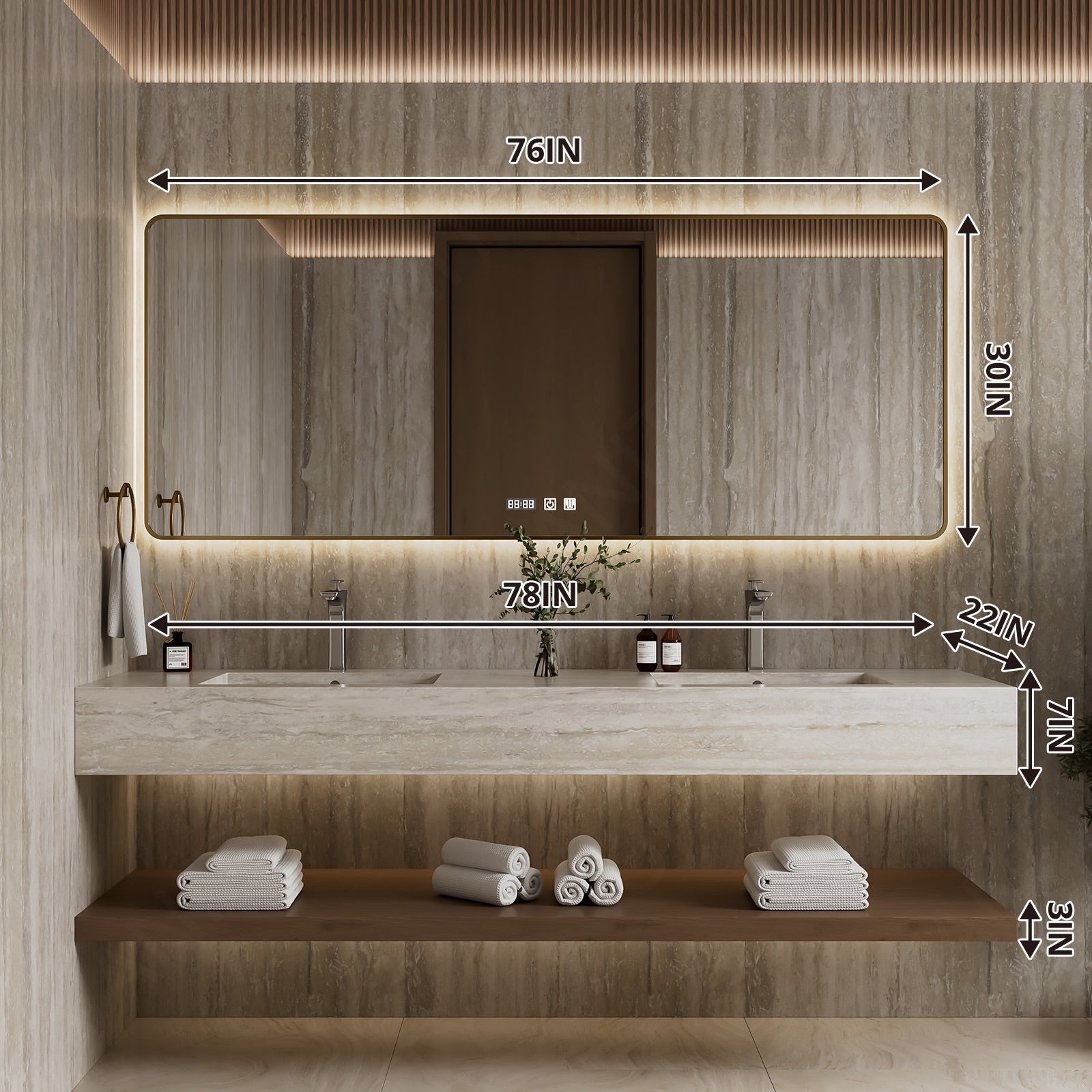 Modern Bath Vanity Set, Beige, Light Travertine White, Open Storage, 52"- 78", Double, Floating, Smart LED Mirror, Backlit Mirror