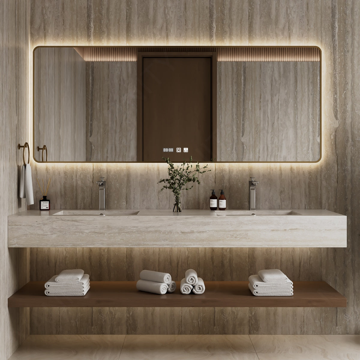 Modern Bath Vanity Set, Beige, Light Travertine White, Open Storage, 52"- 78", Double, Floating, Smart LED Mirror, Backlit Mirror