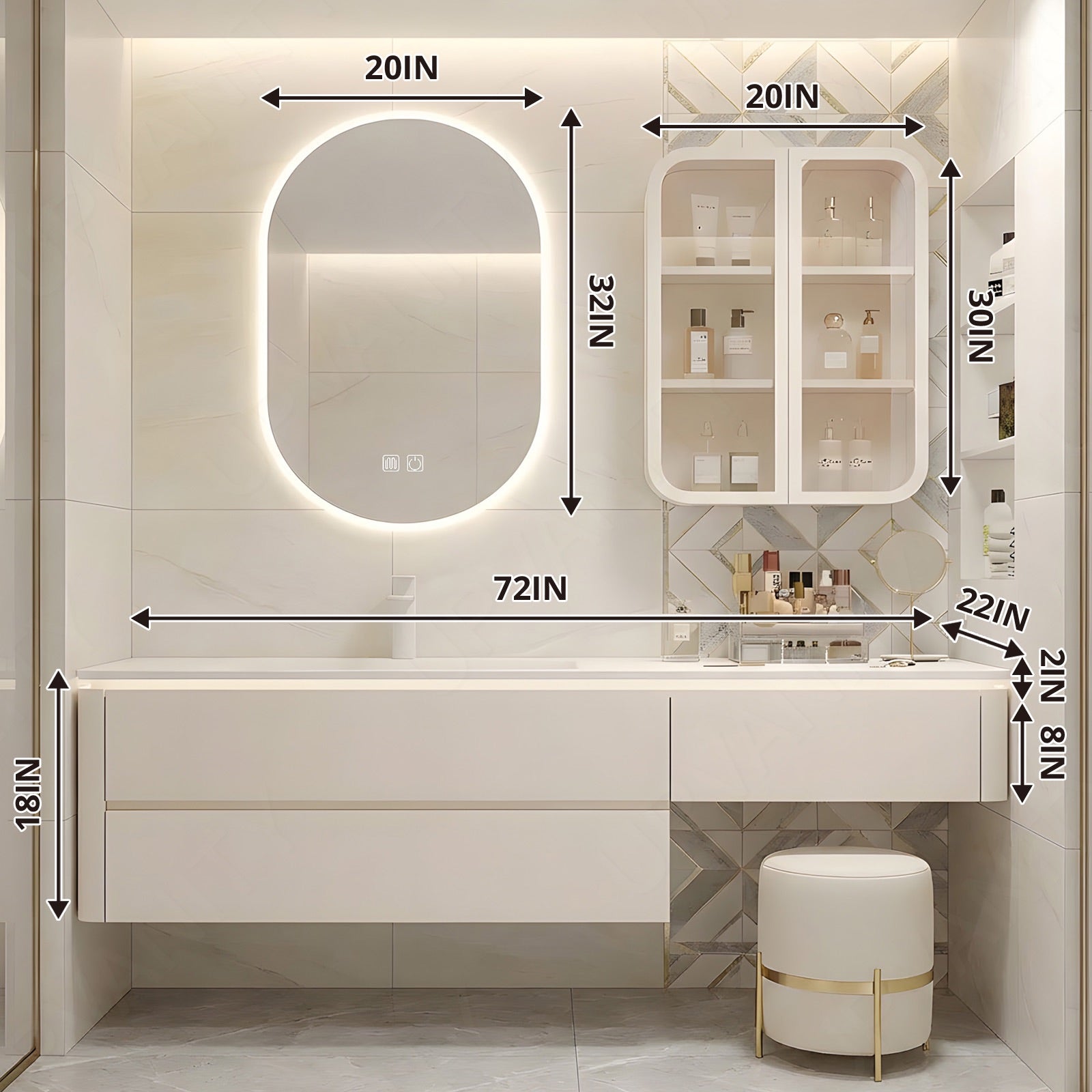 Modern Bath Vanity Set, Beige, Makeup Table, 52"-78", Single, Floating, Oval Smart LED Mirror, Side Cabinet, Sensor Light