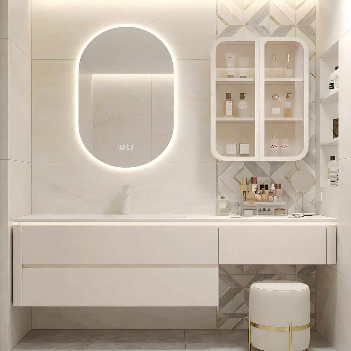 Modern Bath Vanity Set, Beige, Makeup Table, 52"-78", Single, Floating, Oval Smart LED Mirror, Side Cabinet, Sensor Light
