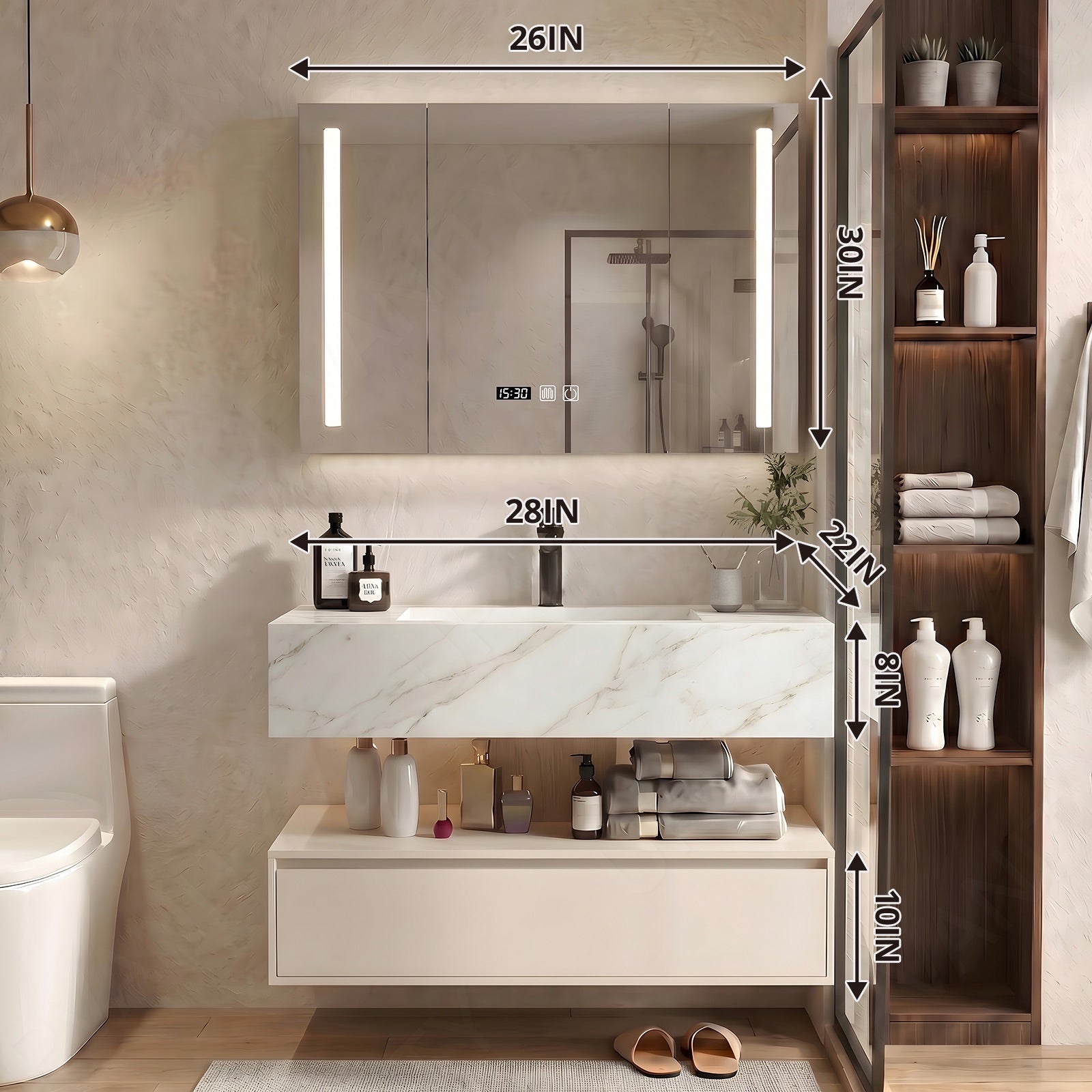 Modern Bath Vanity Set, Beige, Marble Textured Top, 28"- 48", Single, Floating, Smart LED Mirror, Rear Cabinet
