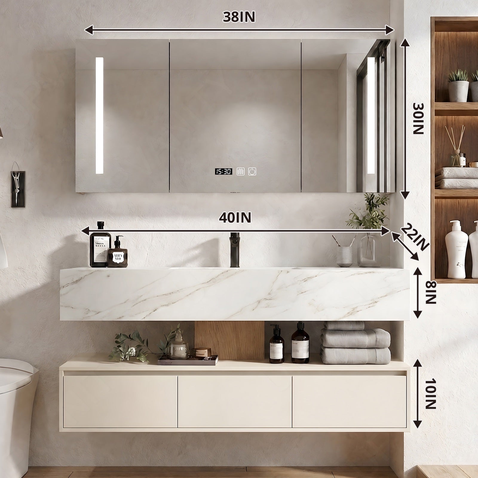 Modern Bath Vanity Set, Beige, Marble Textured Top, 28"- 48", Single, Floating, Smart LED Mirror, Rear Cabinet