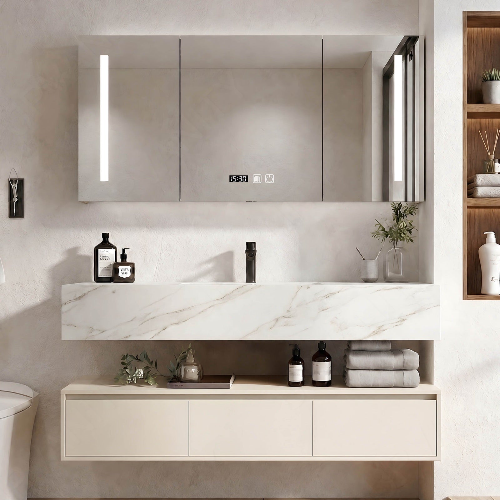 Modern Bath Vanity Set, Beige, Marble Textured Top, 28"- 48", Single, Floating, Smart LED Mirror, Rear Cabinet