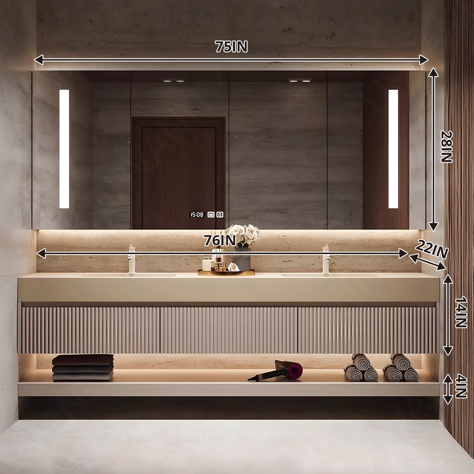 Modern Bath Vanity Set, Beige, Open Storage, 32"-78", Single/Double, Floating, Striped Panel, Smart LED Mirror