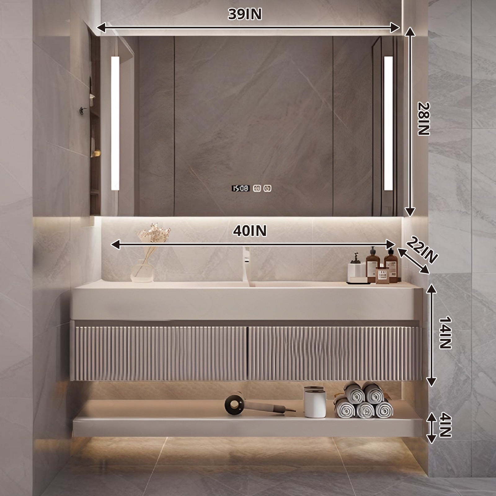 Modern Bath Vanity Set, Beige, Open Storage, 32"-78", Single/Double, Floating, Striped Panel, Smart LED Mirror