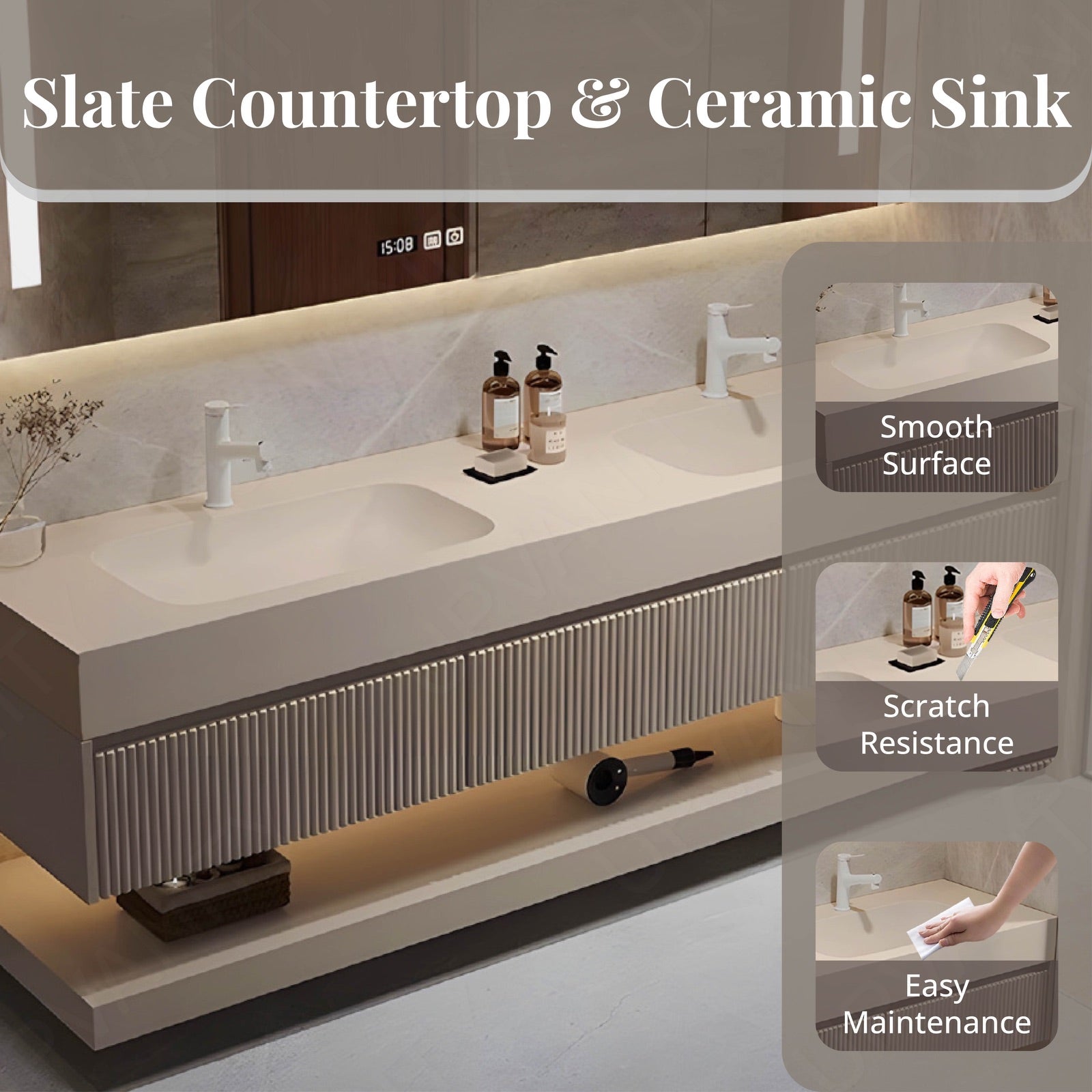 Modern Bath Vanity Set, Beige, Open Storage, 32"-78", Single/Double, Floating, Striped Panel, Smart LED Mirror, Rear Cabinet