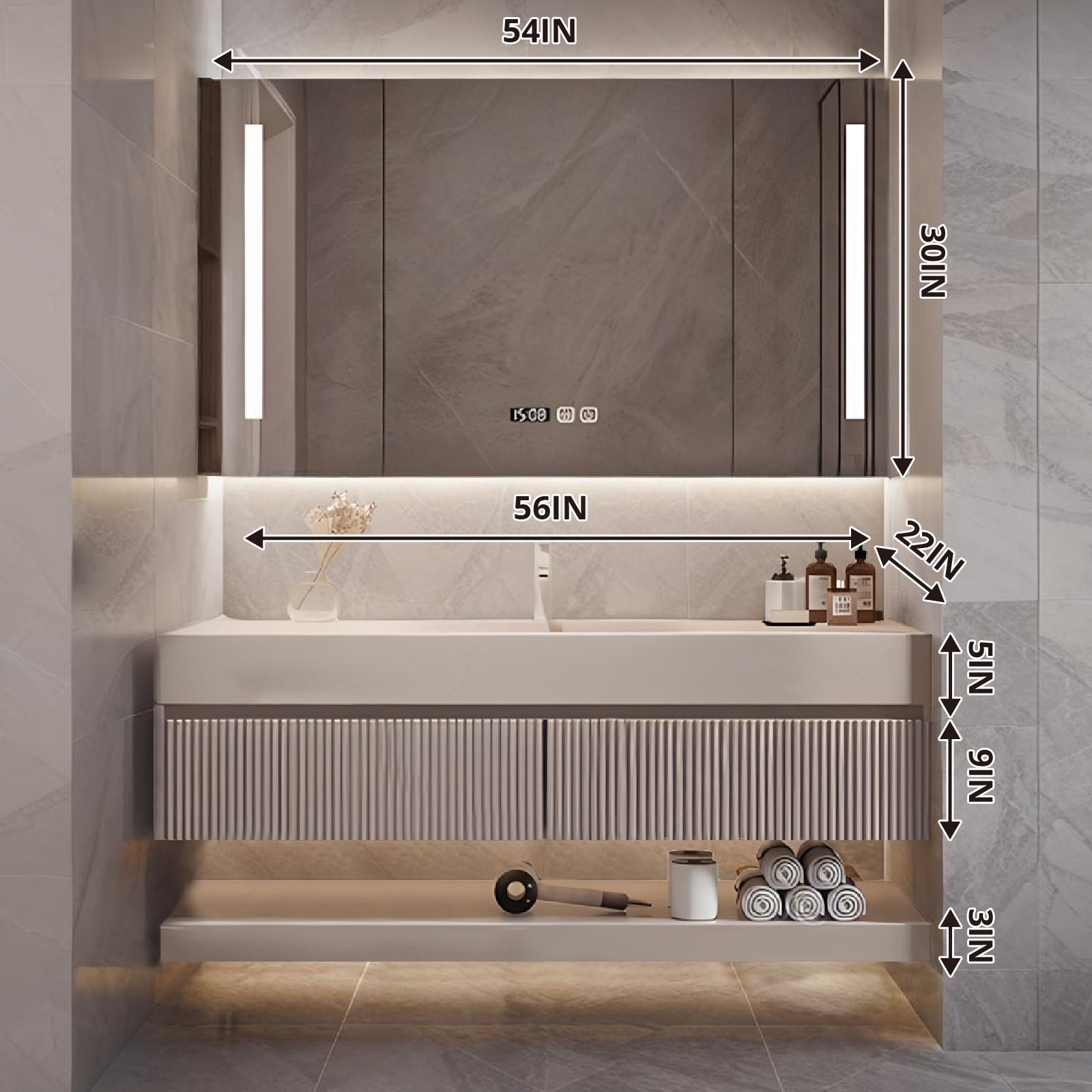 Modern Bath Vanity Set, Beige, Open Storage, 32"-78", Single/Double, Floating, Striped Panel, Smart LED Mirror, Rear Cabinet