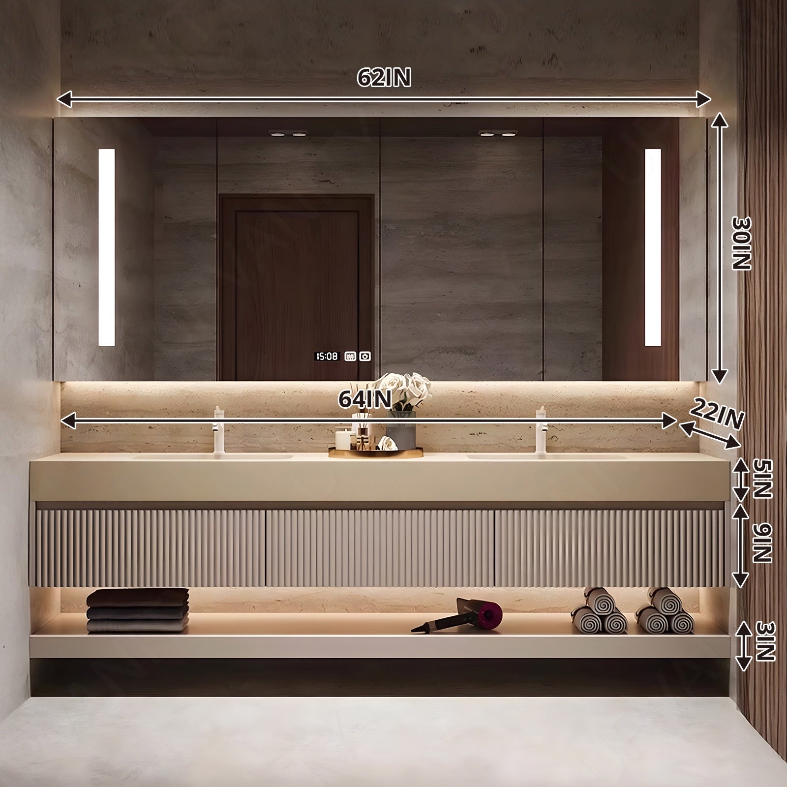 Modern Bath Vanity Set, Beige, Open Storage, 32"-78", Single/Double, Floating, Striped Panel, Smart LED Mirror, Rear Cabinet