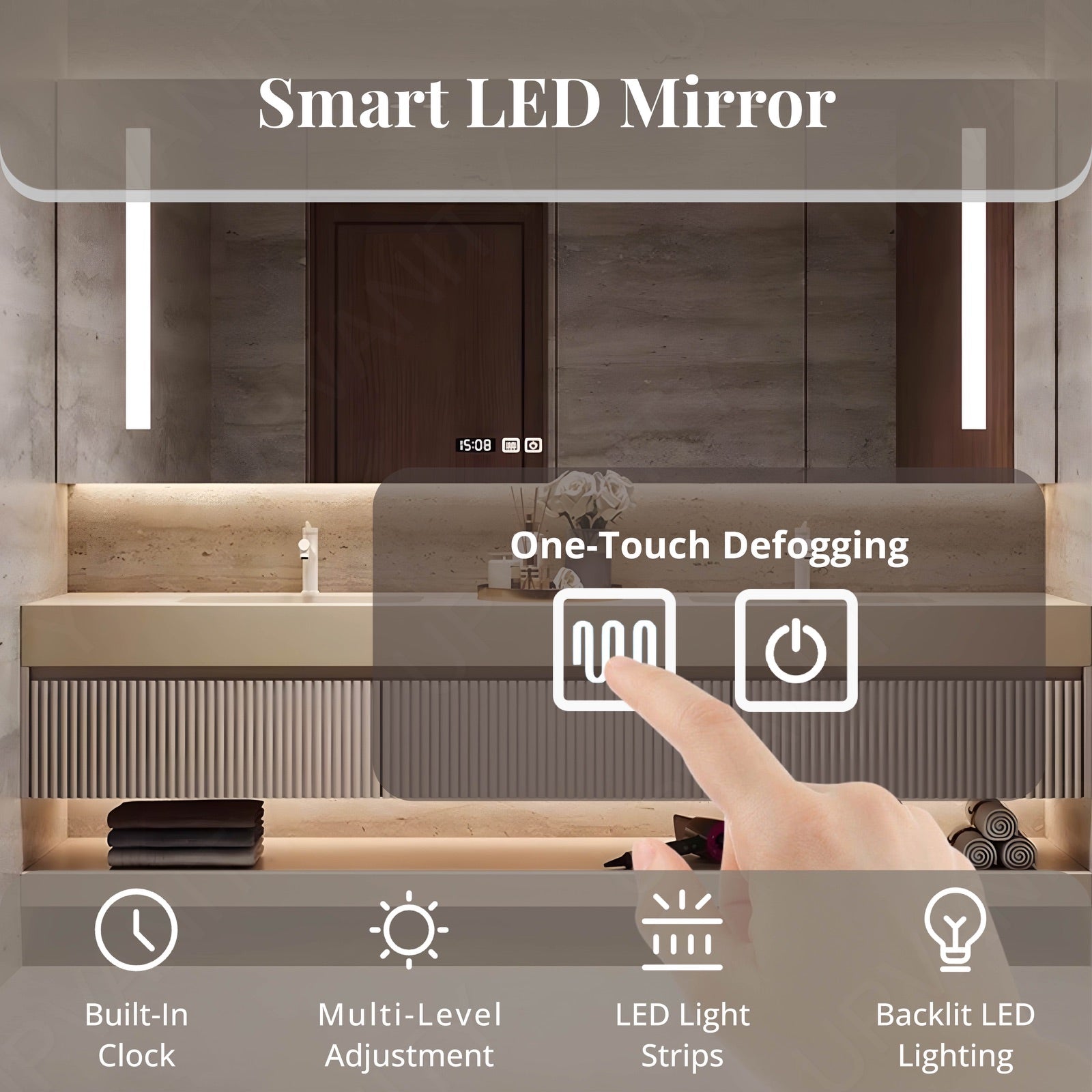 Modern Bath Vanity Set, Beige, Open Storage, 32"-78", Single/Double, Floating, Striped Panel, Smart LED Mirror, Rear Cabinet