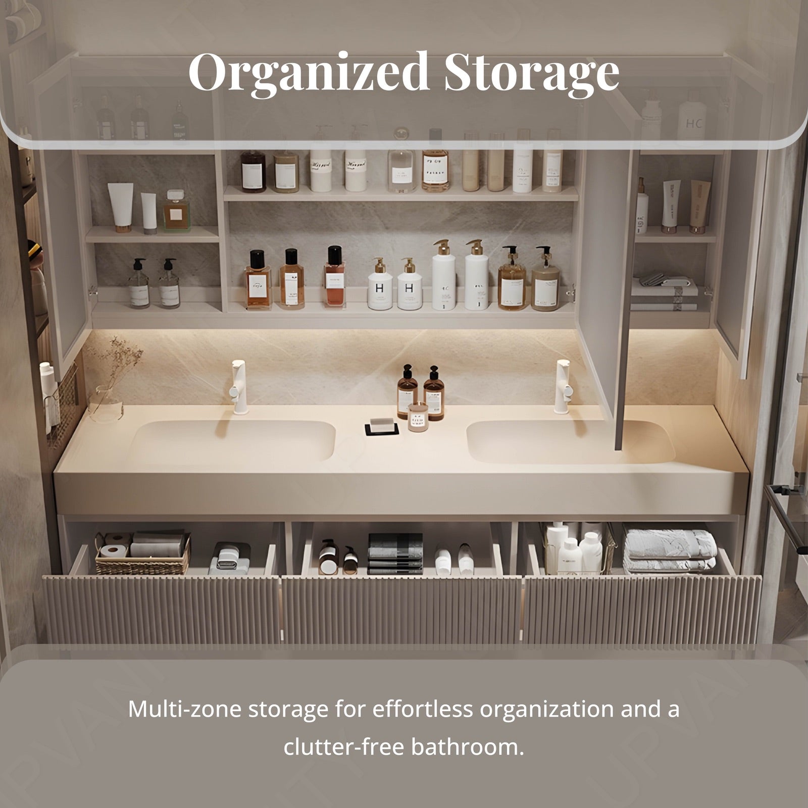 Modern Bath Vanity Set, Beige, Open Storage, 32"-78", Single/Double, Floating, Striped Panel, Smart LED Mirror, Rear Cabinet