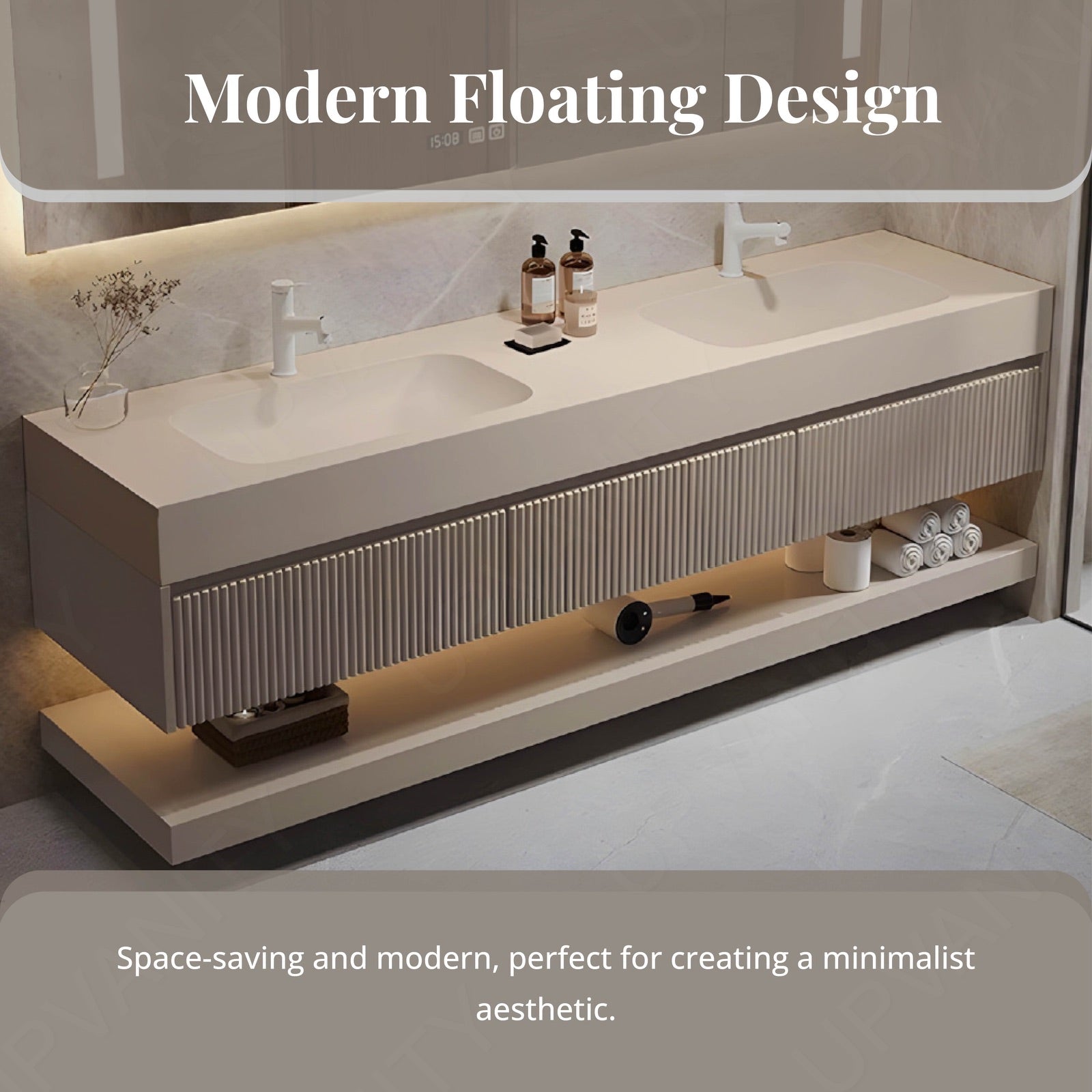 Modern Bath Vanity Set, Beige, Open Storage, 32"-78", Single/Double, Floating, Striped Panel, Smart LED Mirror, Rear Cabinet