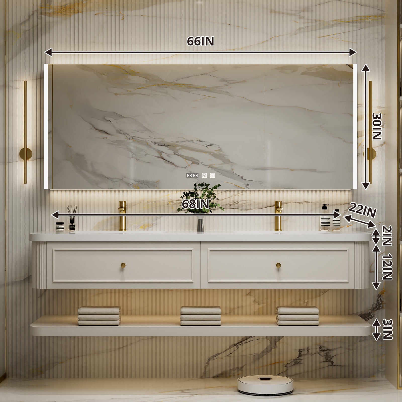 Modern Bath Vanity Set, Beige, Open Storage, 52"-78", Double, Floating, Rounded Edge, Smart LED Mirror, Rear Cabinet