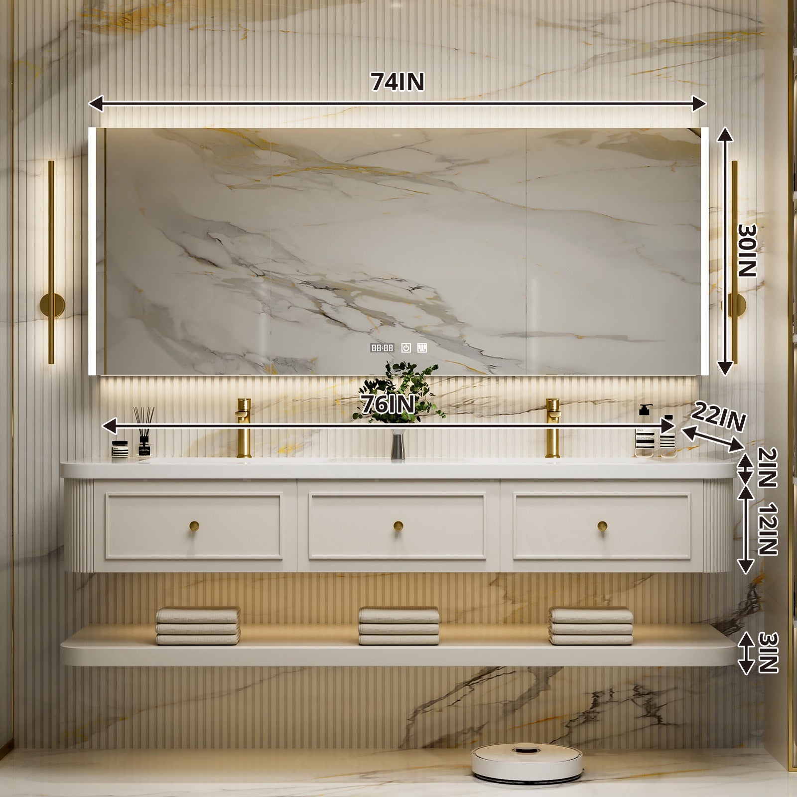 Modern Bath Vanity Set, Beige, Open Storage, 52"-78", Double, Floating, Rounded Edge, Smart LED Mirror, Rear Cabinet