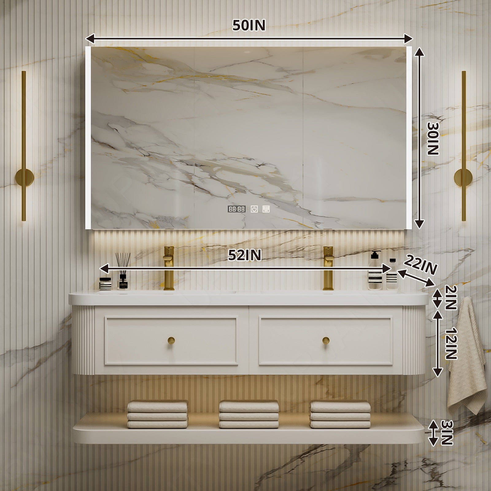 Modern Bath Vanity Set, Beige, Open Storage, 52"-78", Double, Floating, Rounded Edge, Smart LED Mirror, Rear Cabinet