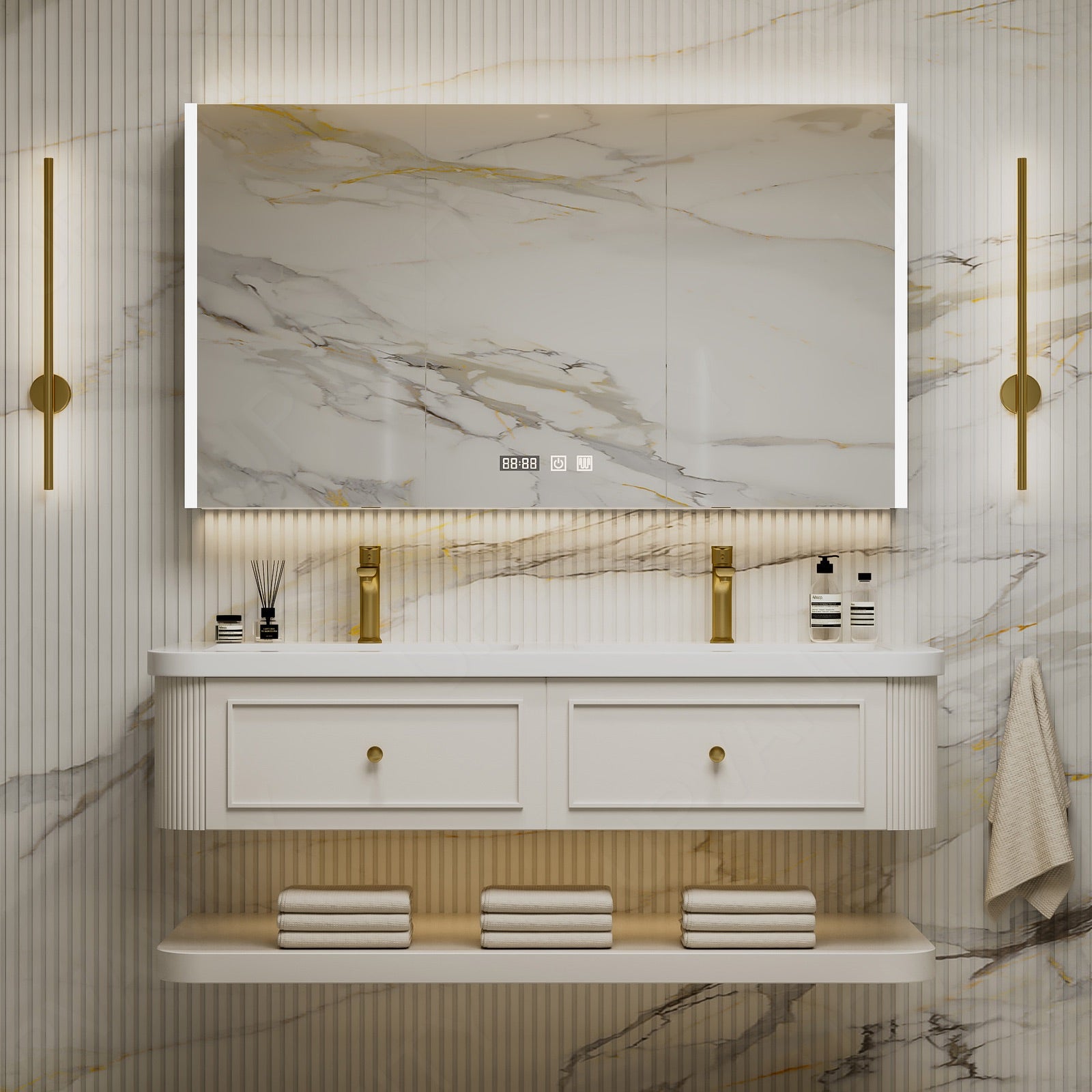 Modern Bath Vanity Set, Beige, Open Storage, 52"-78", Double, Floating, Rounded Edge, Smart LED Mirror, Rear Cabinet