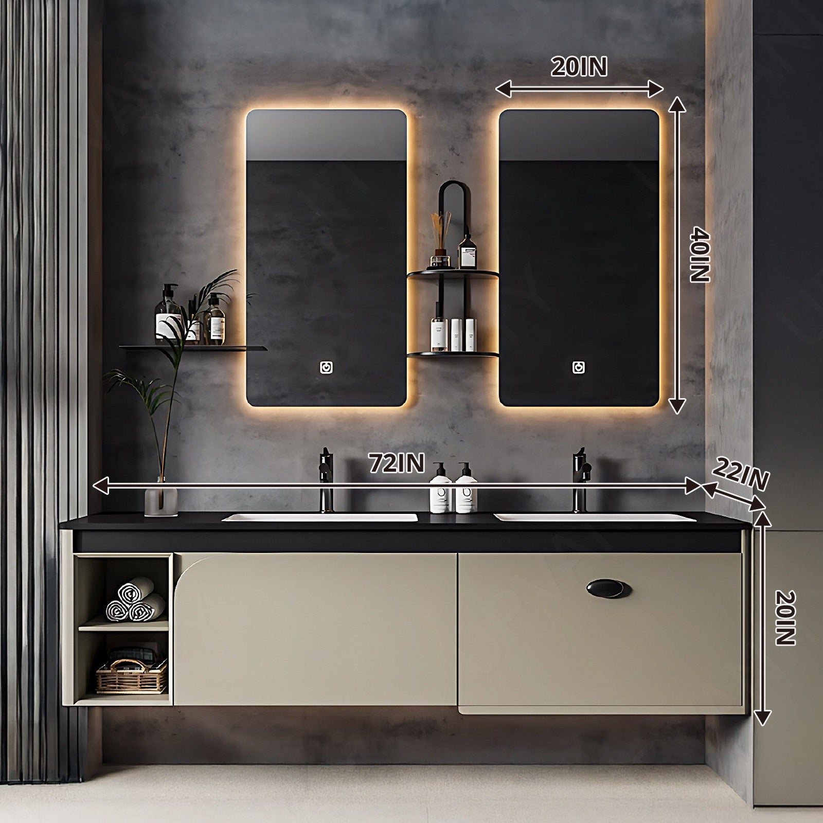 Modern Bath Vanity Set, Beige, Open Storage, 56"- 78", Double, Floating, Smart LED Mirror