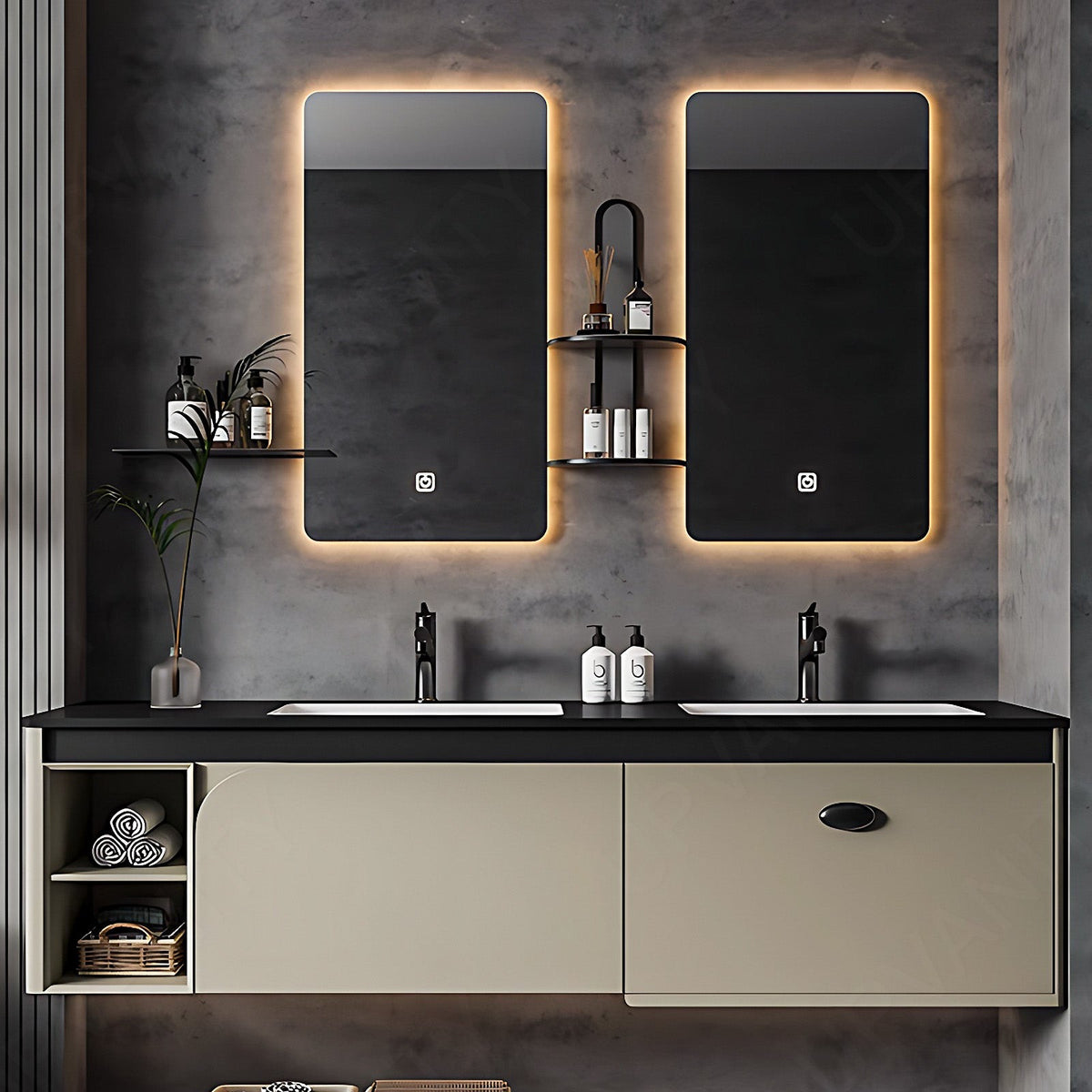 Modern Bath Vanity Set, Beige, Open Storage, 56"- 78", Double, Floating, Smart LED Mirror