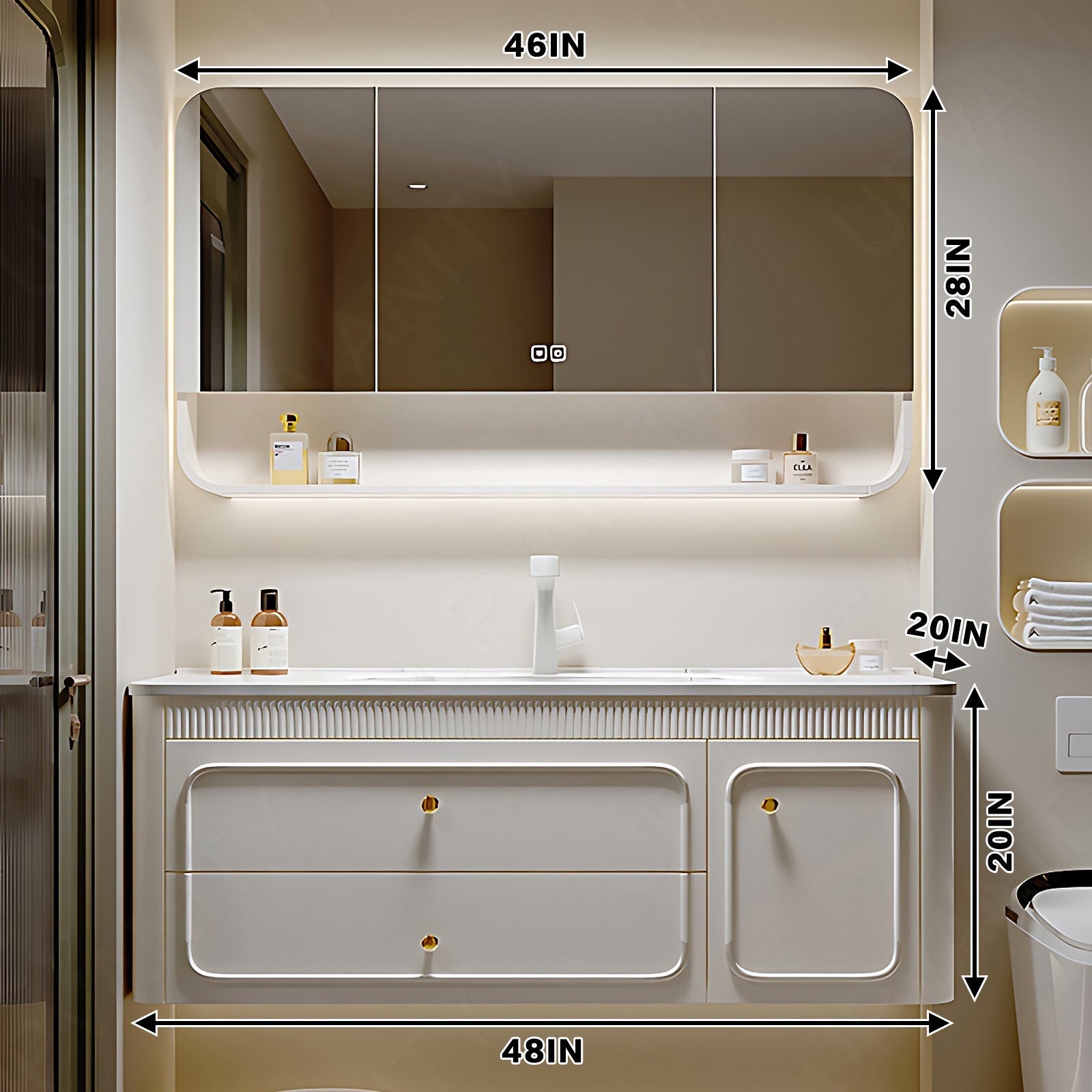 Modern Bath Vanity Set, Beige, Open Storage, Rounded Edge, 40"- 64", Single, Floating, Smart LED Mirror, Rear Cabinet