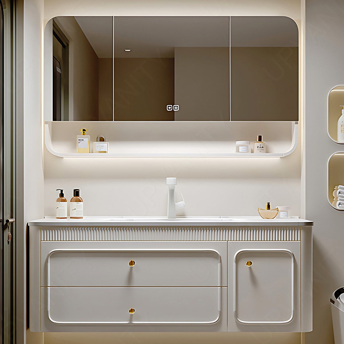 Modern Bath Vanity Set, Beige, Open Storage, Rounded Edge, 40"- 64", Single, Floating, Smart LED Mirror, Rear Cabinet
