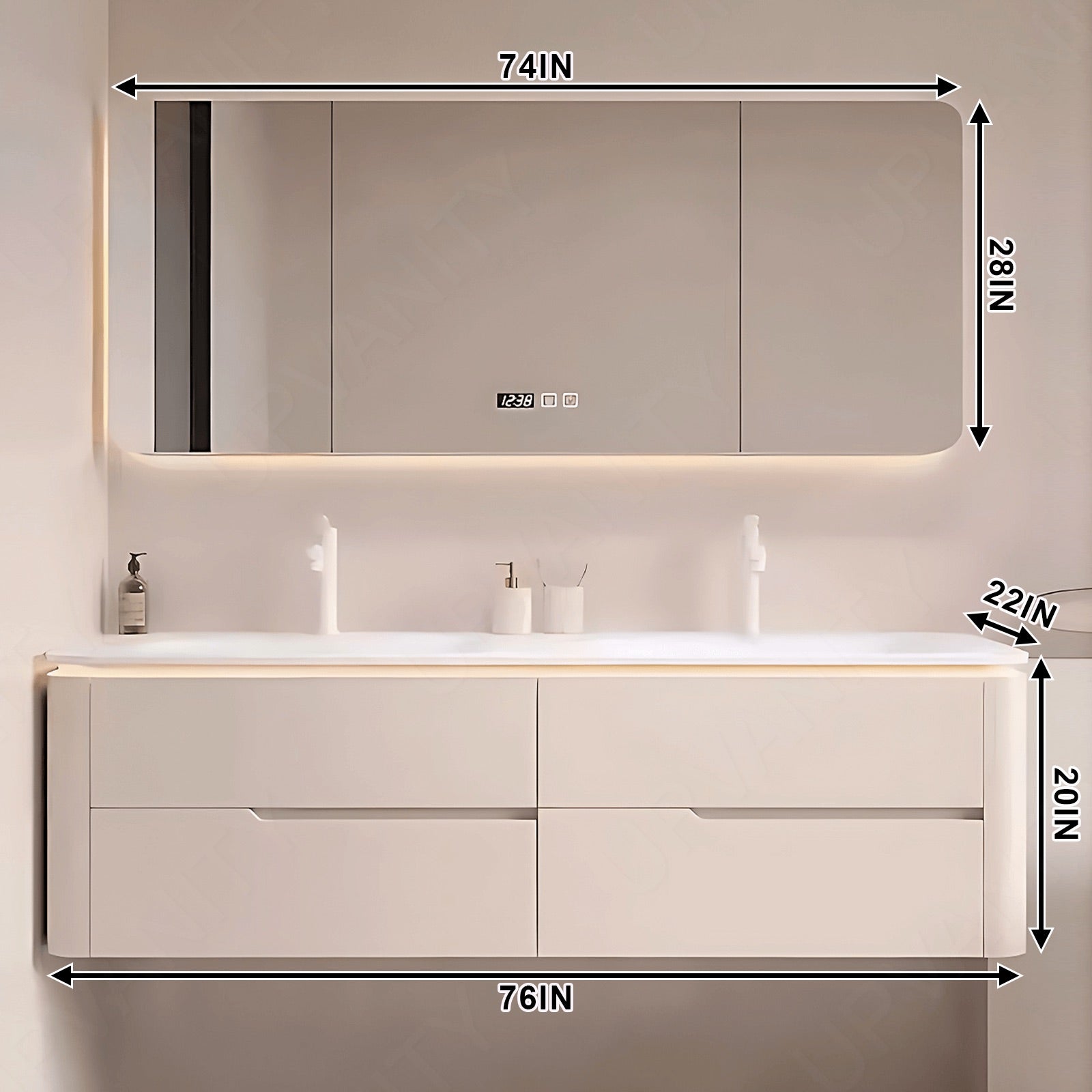 Modern Bath Vanity Set, Beige, Rounded Edge, 52"- 78", Double, Floating, Sensor Light, Smart LED Mirror, Rear Cabinet