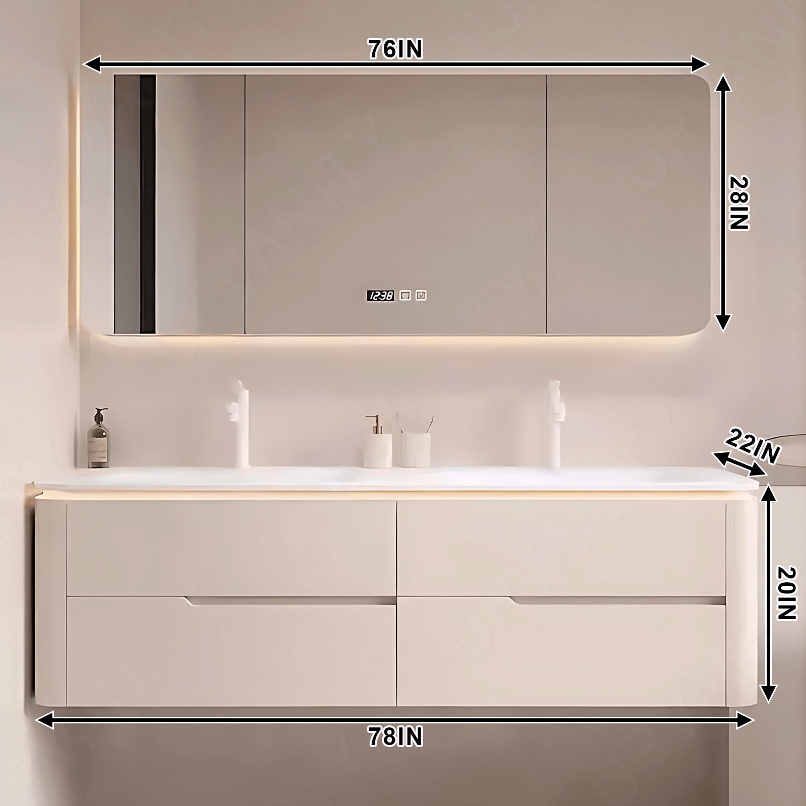 Modern Bath Vanity Set, Beige, Rounded Edge, 52"- 78", Double, Floating, Sensor Light, Smart LED Mirror, Rear Cabinet