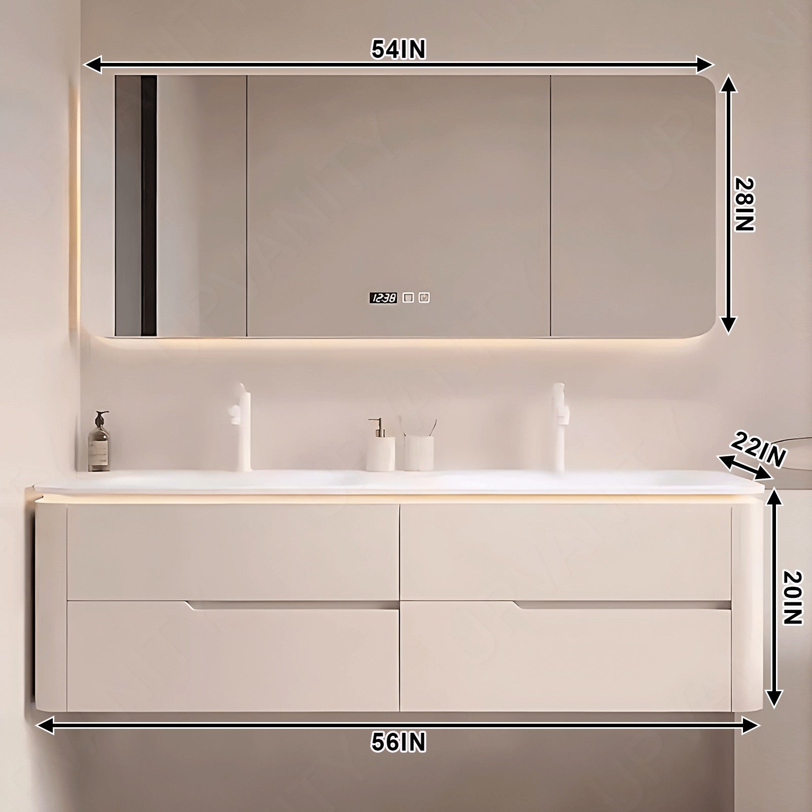 Modern Bath Vanity Set, Beige, Rounded Edge, 52"- 78", Double, Floating, Sensor Light, Smart LED Mirror, Rear Cabinet